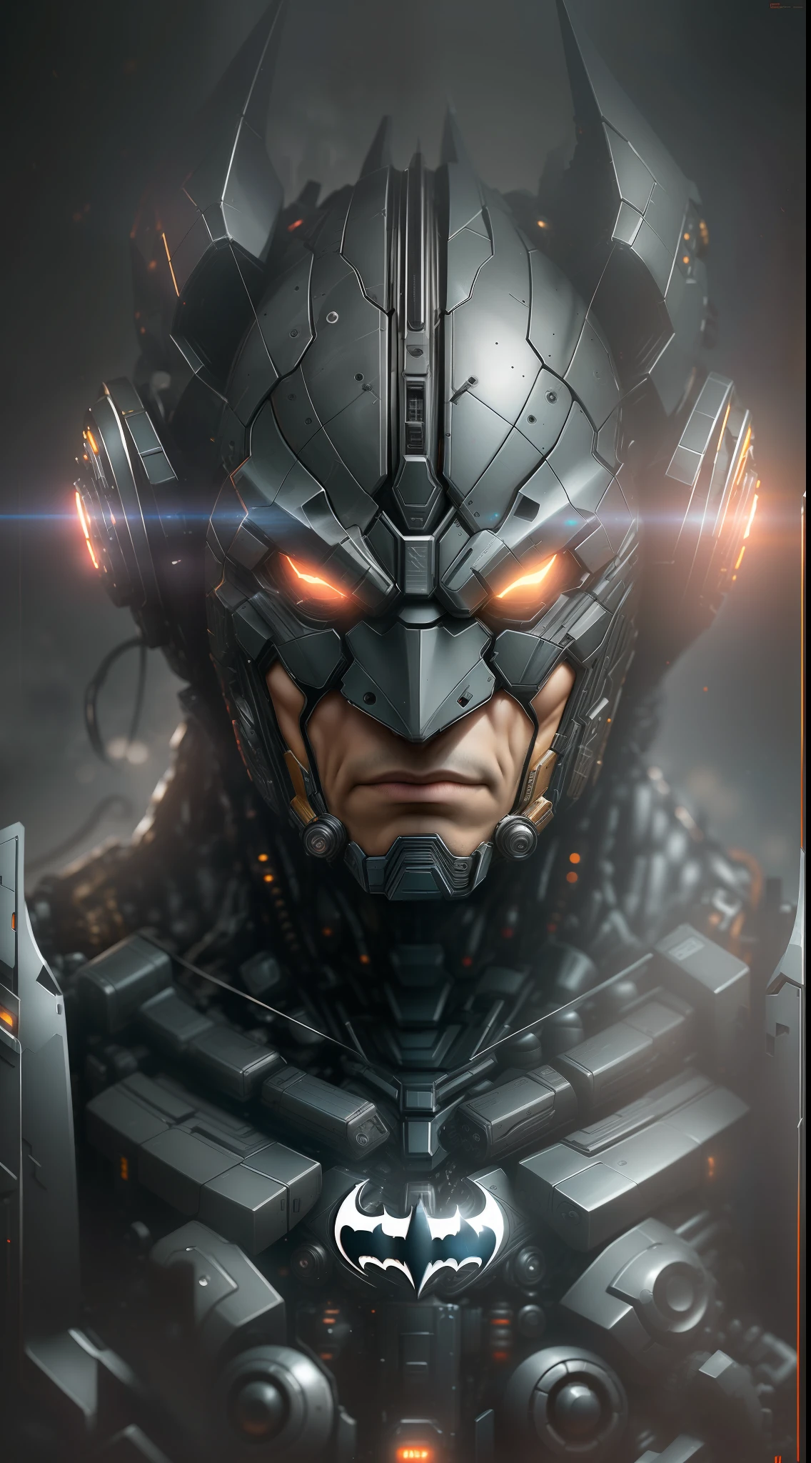 Batman from DC photography, biomechanical, complex robot, full growth, hyper-realistic, insane small details, extremely clean lines, cyberpunk aesthetic, masterpiece featured on Zbrush Central
