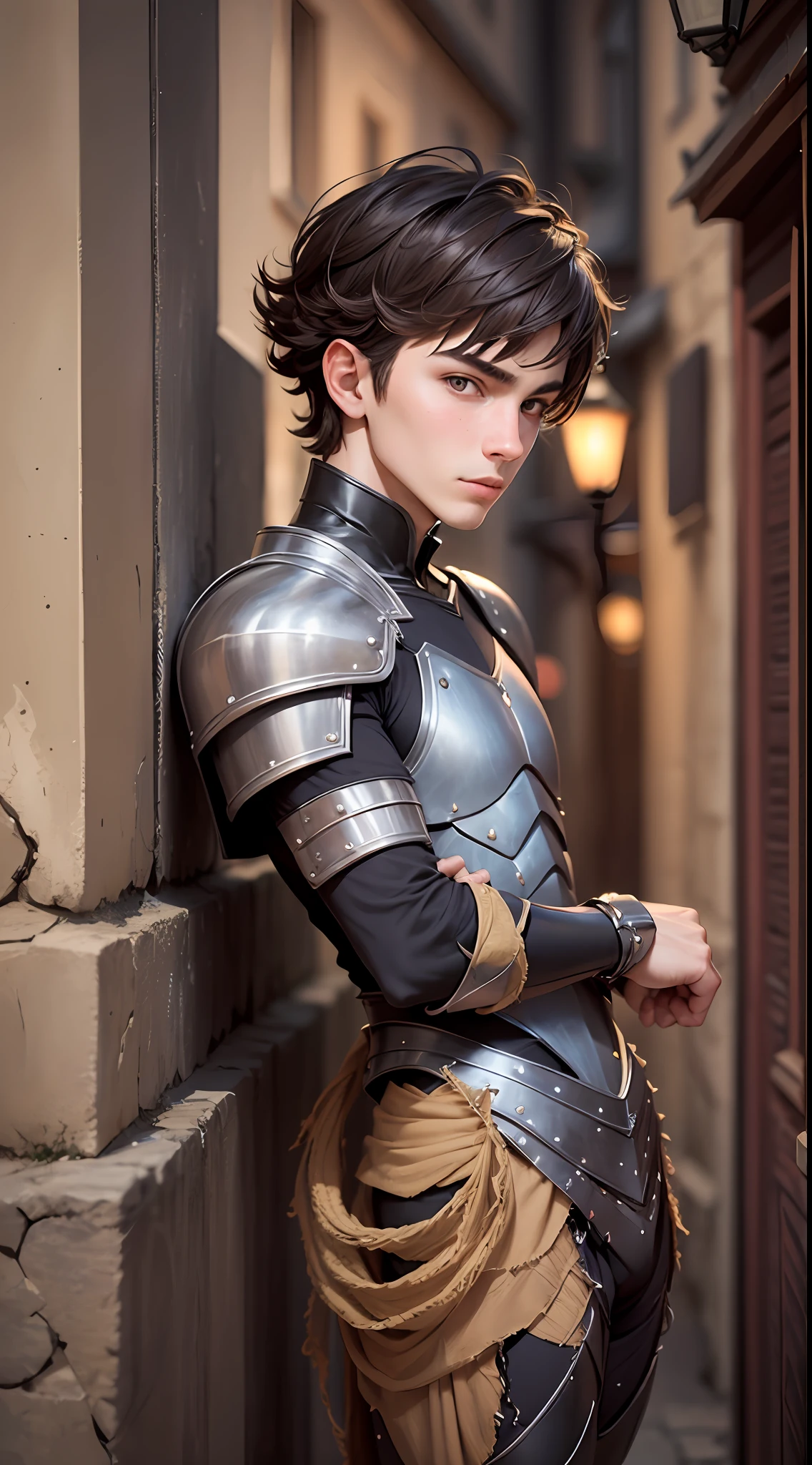 cute good looking alluring 18 year old gay boy with short brown hair and skinny unfit frame fantasy alevil armour disguise nervous face crouch sneaking through an old medieval town at night avoiding creatures horror scene