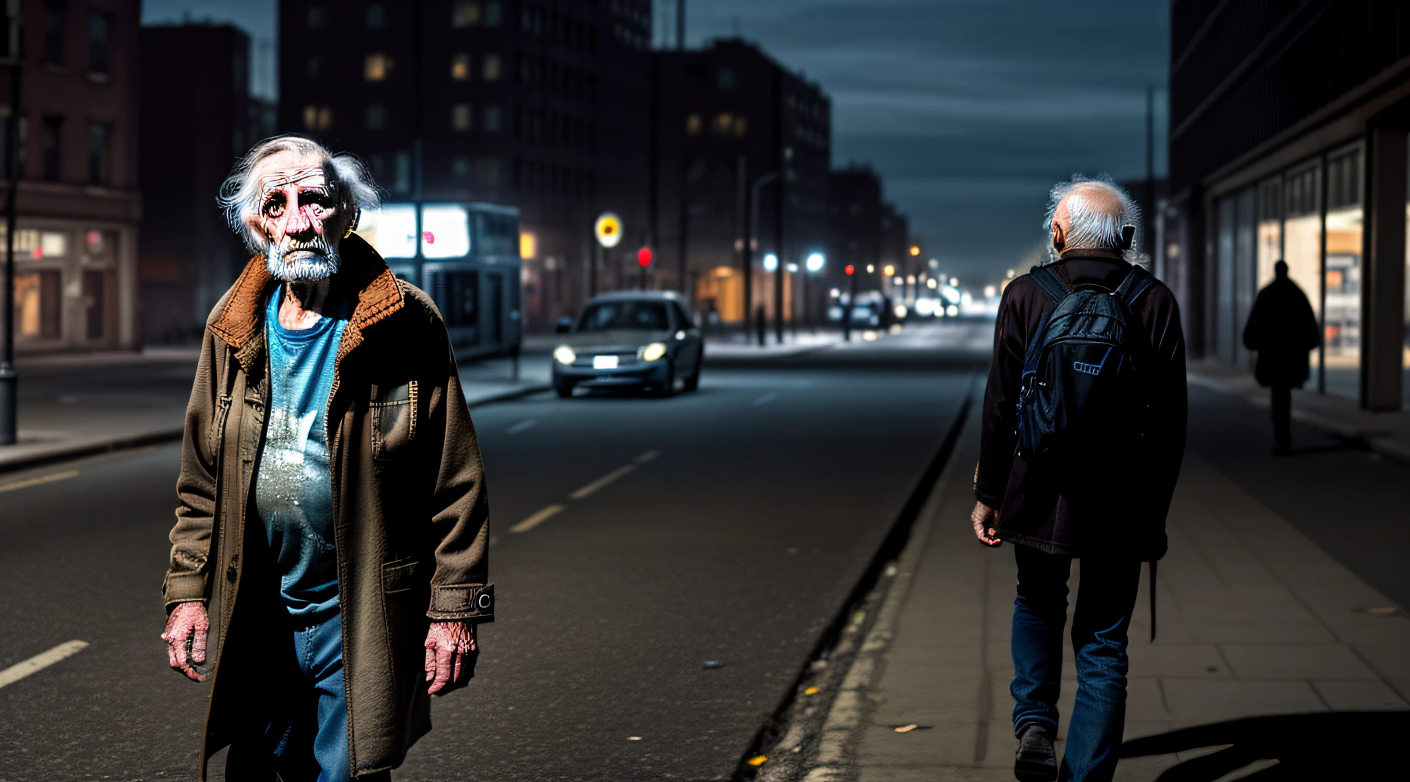 A homeless elderly man walks down a busy street with a sad expression on his face. The man is carrying a worn-out backpack and a tattered coat, and the cityscape in the background adds to the sense of loss and loneliness.