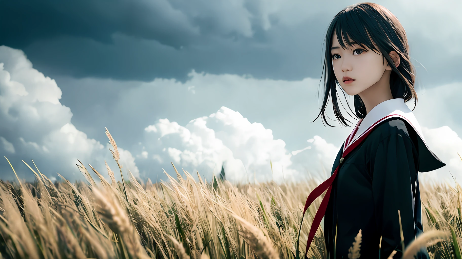 巨作、(photoreallistic:1.4)、最好质量、beautiful lighting、(ulzzang-6500:0.5)、Makima \(chainsawman\)、(Bob Hair)+(black har)+(bangss)、blue eyed、blue eyed、((Ring-shaped eyes))、Raw photography、8K UHD、film grains(巨作、最好质量)、Strong heavy rain、exteriors、student clothes、daytime、skyward、Frolic、the clouds、Sunlight、sailoruniform、Upper body body、From Side、From Side、grass field、Blurring、A blue sky、depth of field