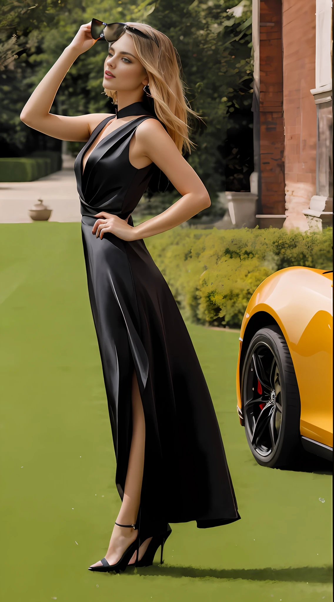 photography of a very elegant woman in black luxury dress, blue eyes, beautiful face, holding sunglasses above forehead, inspired by photographs in Vogue magazine, satin black dress, beautiful european woman, silky hair, late afternoon sunlight, bright sunlight, late afternoon, shadows cast on grass , sparkles, reflections, rich women, professional photography, high quality image, high quality picture, luxury lifestyle, high - end fashion photoshoot, absolutely outstanding image, aerodynamic imposings, stunning elegant, exquisite and smooth detail, sophisticated dress
