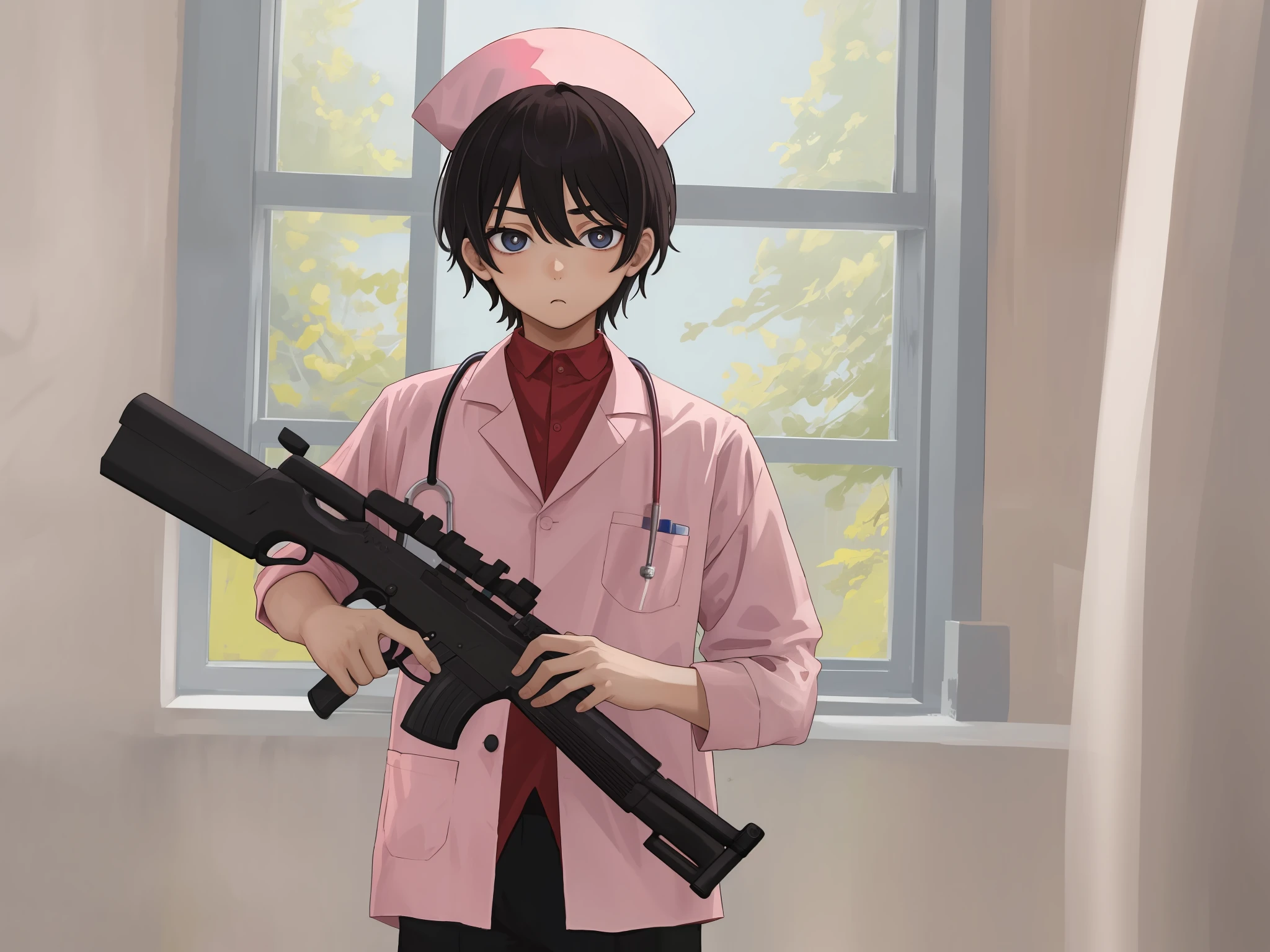 Young boy in nurse clothes holding gun