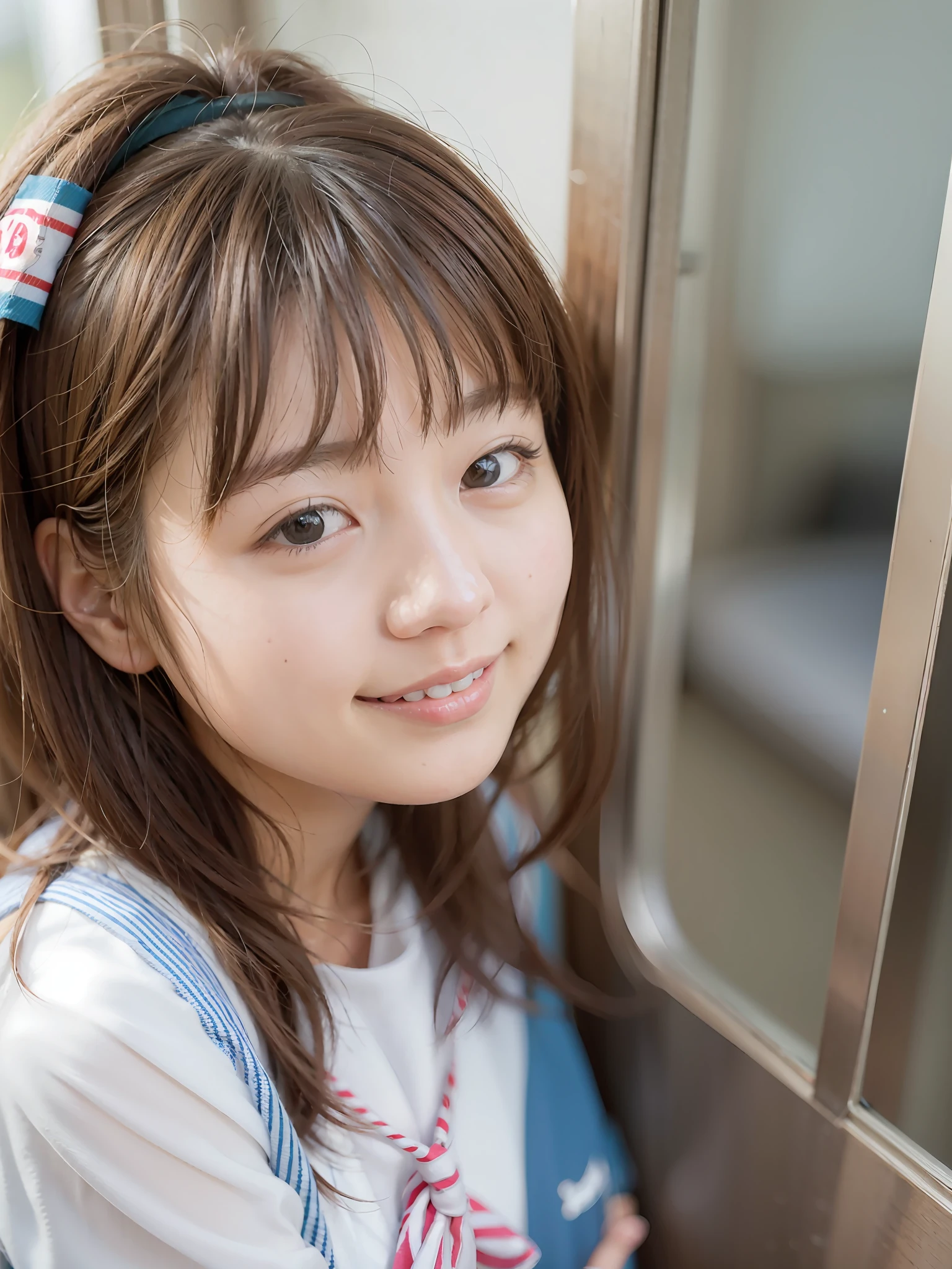 sailoruniform、On the school train、a smile、realisitic、Live action、Morning light、Looks fun、17 year old girl