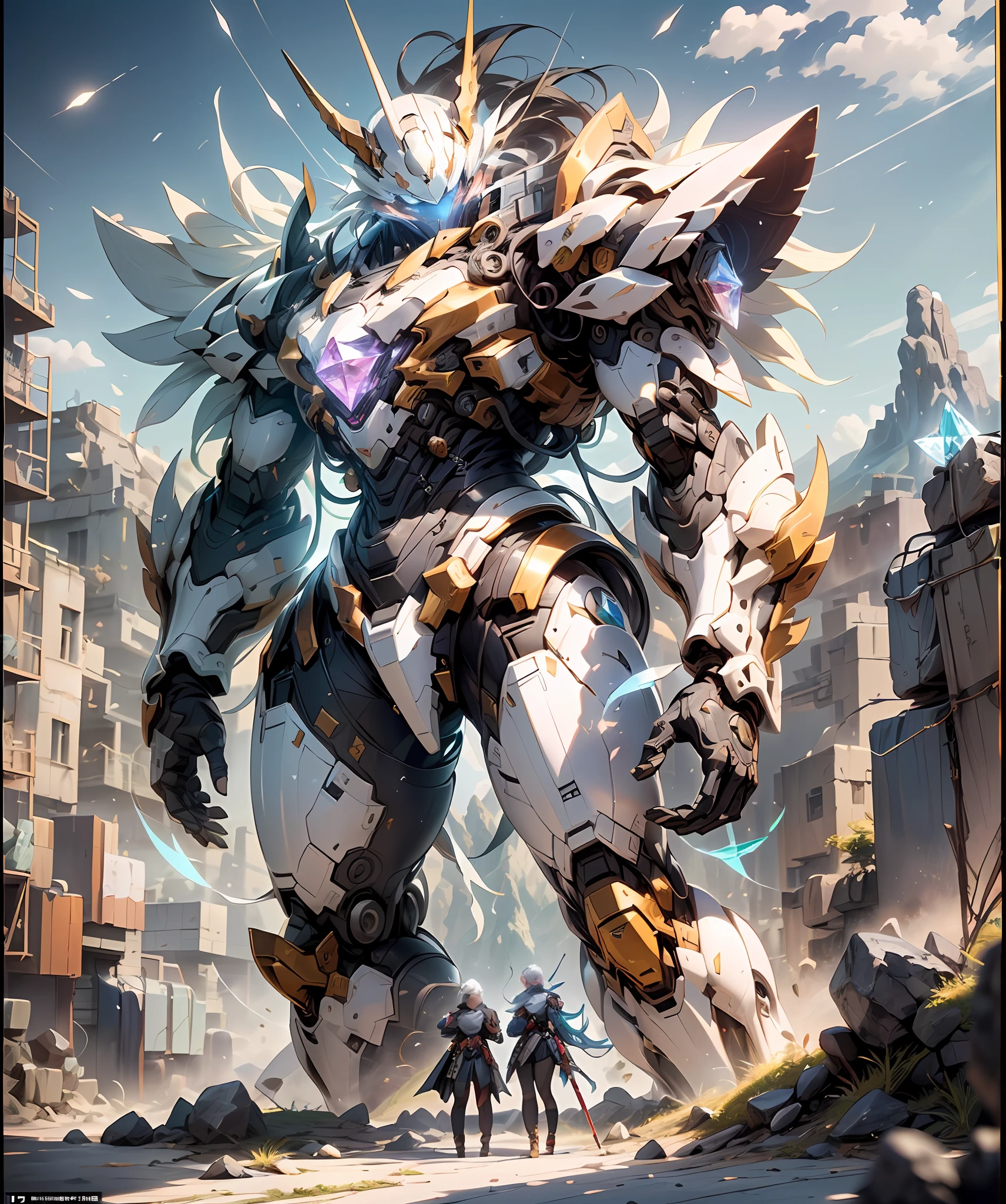 weapon shop,arma ,Giant sword,Fighting posture,giant mecha,(Smooth surface),(Stand at the top of the mountain:1.2)(Overlooking the cyberpunk city),White is the main color,Comes with bright decorative colors such as red and gold。There are powerful thrusters,(crystal:1.3),(((巨作))),(((Best quality))),((superdetailed))((Extremely detailed CG)),((16K resolution))((An extremely delicate and beautiful)),{Photorealistic},Full of detailed light blooms,A masterpiece from the Canon EOS R6 shooting,((masterpaintings)) ,cinematiclight,独奏,Unreal Engine 5,(Faraway view:1.5)