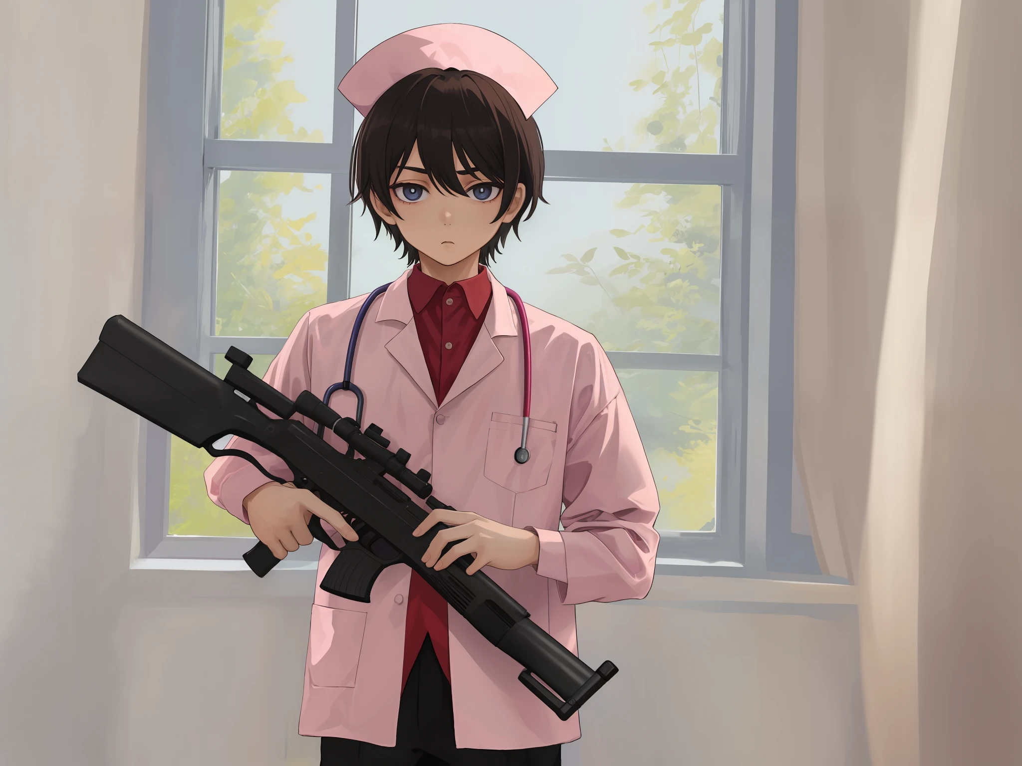 Young boy in nurse clothes holding gun