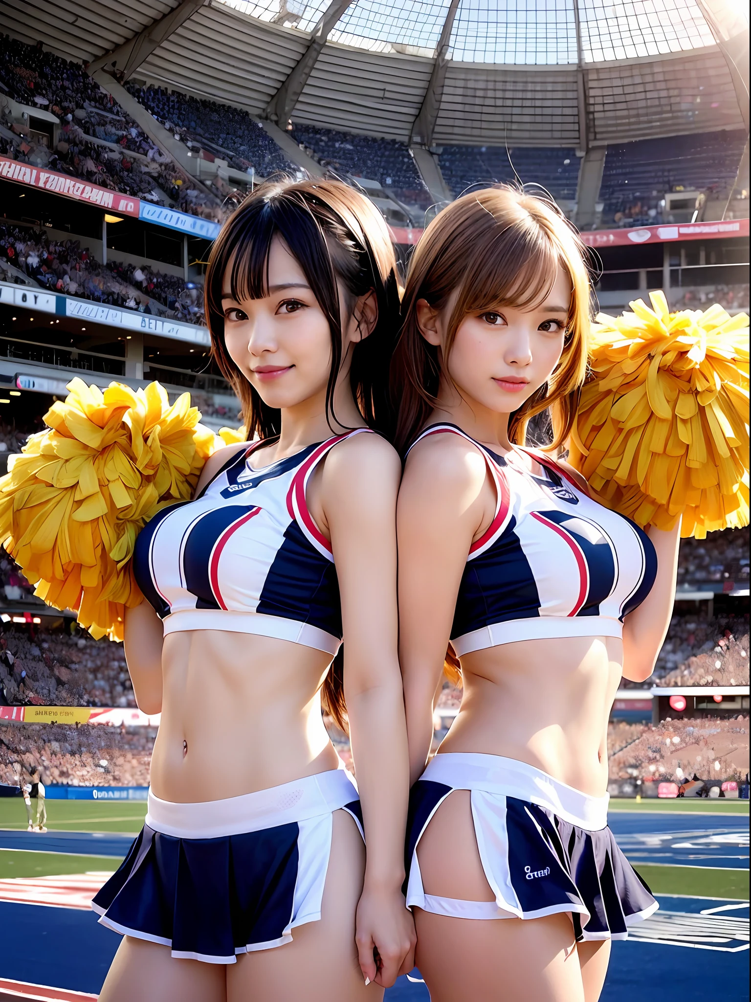 Two Ala-Fed Asian cheerleaders posing dynamically with pom-poms in stadium, close-up, cosplay photo, anime cosplay, small breasts, RAW photo, best quality, high resolution, (masterpiece), (photorealistic:1.4), professional photography, sharp focus, HDR, 8K resolution, complex details, depth of field, Highly detailed CG Unity 8k wallpaper, front light, NSFW, women, girl, beautiful supermodel, smile, slender, small cheer uniform, yellow,