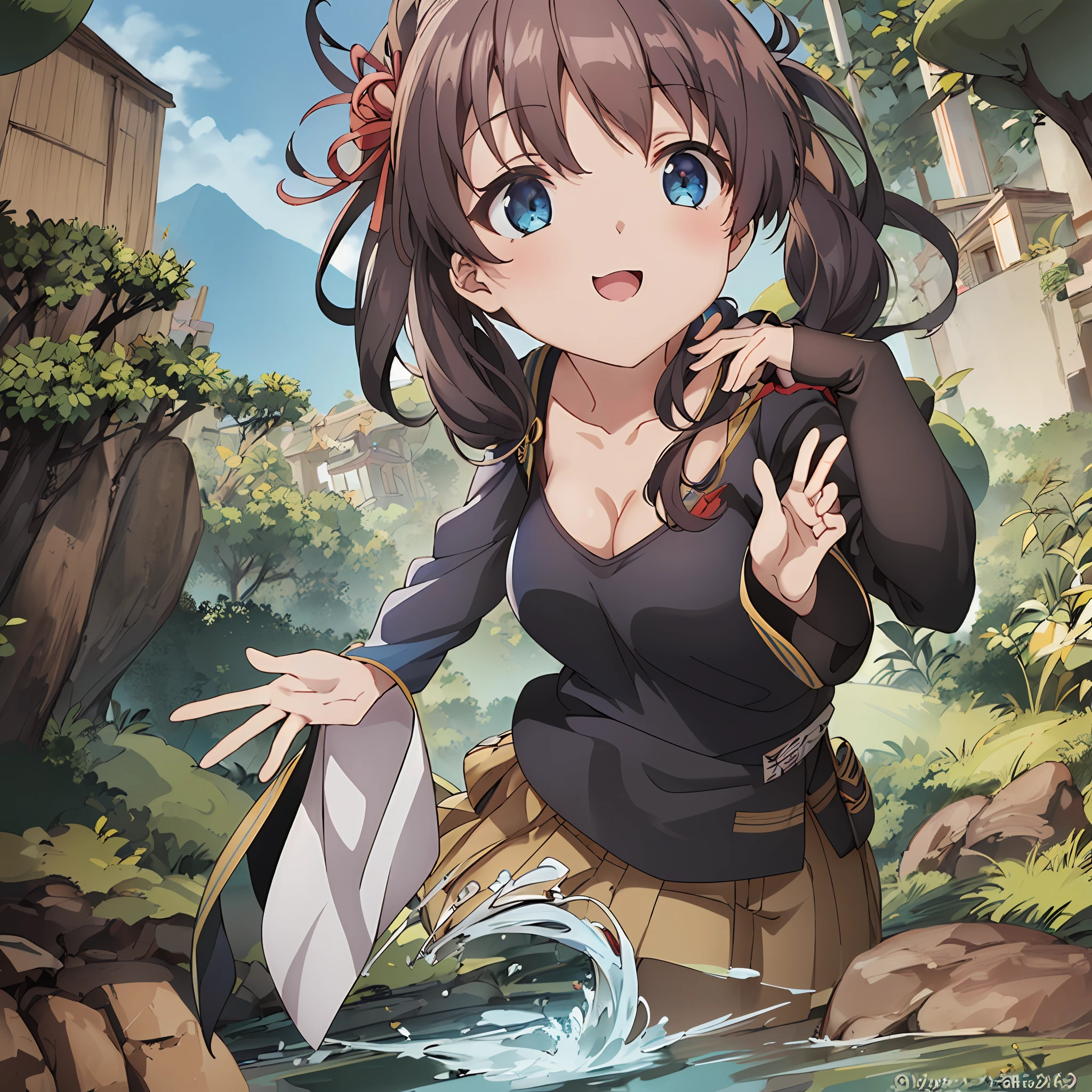 (ultra hyper-detailed、Hi-Def、Kyoto Animation Style Anime Illustration、Top Quality Official Art Feature:1.6)、、Detailed beautiful face and eyes、Highly detailed body、Nice hands with very detailed hair、perfect hand、beautifull hands、(1girl in:1.4)、(Chibi:0.8)、(kawaii:1.2)、(a cute:1.2)、(boobs :1.5)、1 girl、(Medium chest、Beautiful breasts、cleavage looks bigger、Black hair、Long hair with trimmed hair,Twintail、 long  sleeves:1.5)、(Dynamic angles、Looking at the camera、Upper body body、Ninja bandana,Black Ninja Jacket,Ninja pants,Ready with bitterness、Character Focus:1.2)、1 Focus on girls,(Medium、Black hair、Semi-long hair with trimmed hair)、break、Ninja covered building,Ninja Garden,Ninja dwelling,Mountains and forests background,