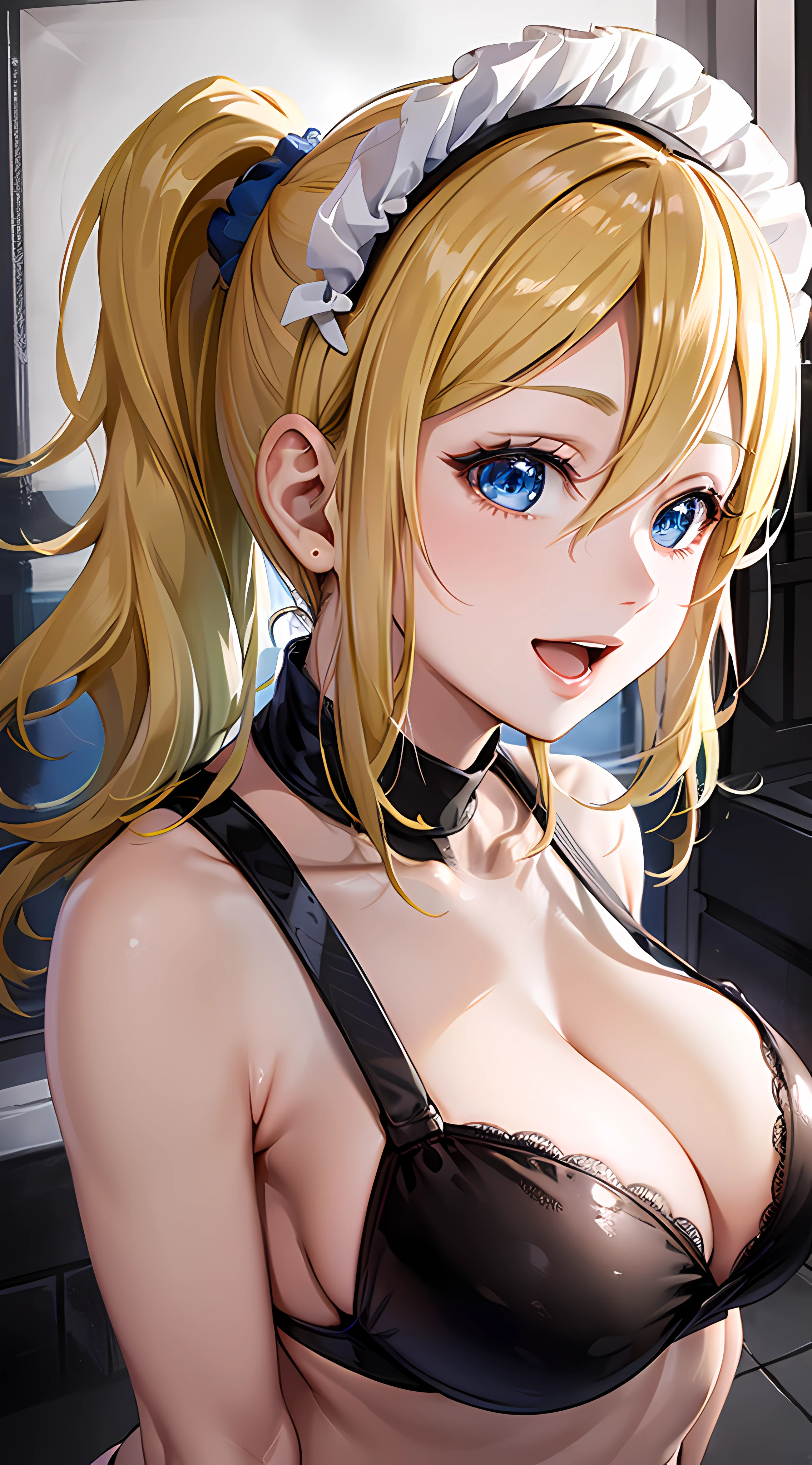 masterpeace, Best Quality, high resolucion, 1girl, hayasaka ai, 独奏, blonde hair, maiden, blue eyes, Side ponytail, hair scrunchie, hair ornament, blue scrunchie, maid headdress, (top angle view), Hair between the eyes, big breasts, Bikini only, Very thin bikini, Cowboy shot, a smile, open mouth, Extended language, leaning forward,