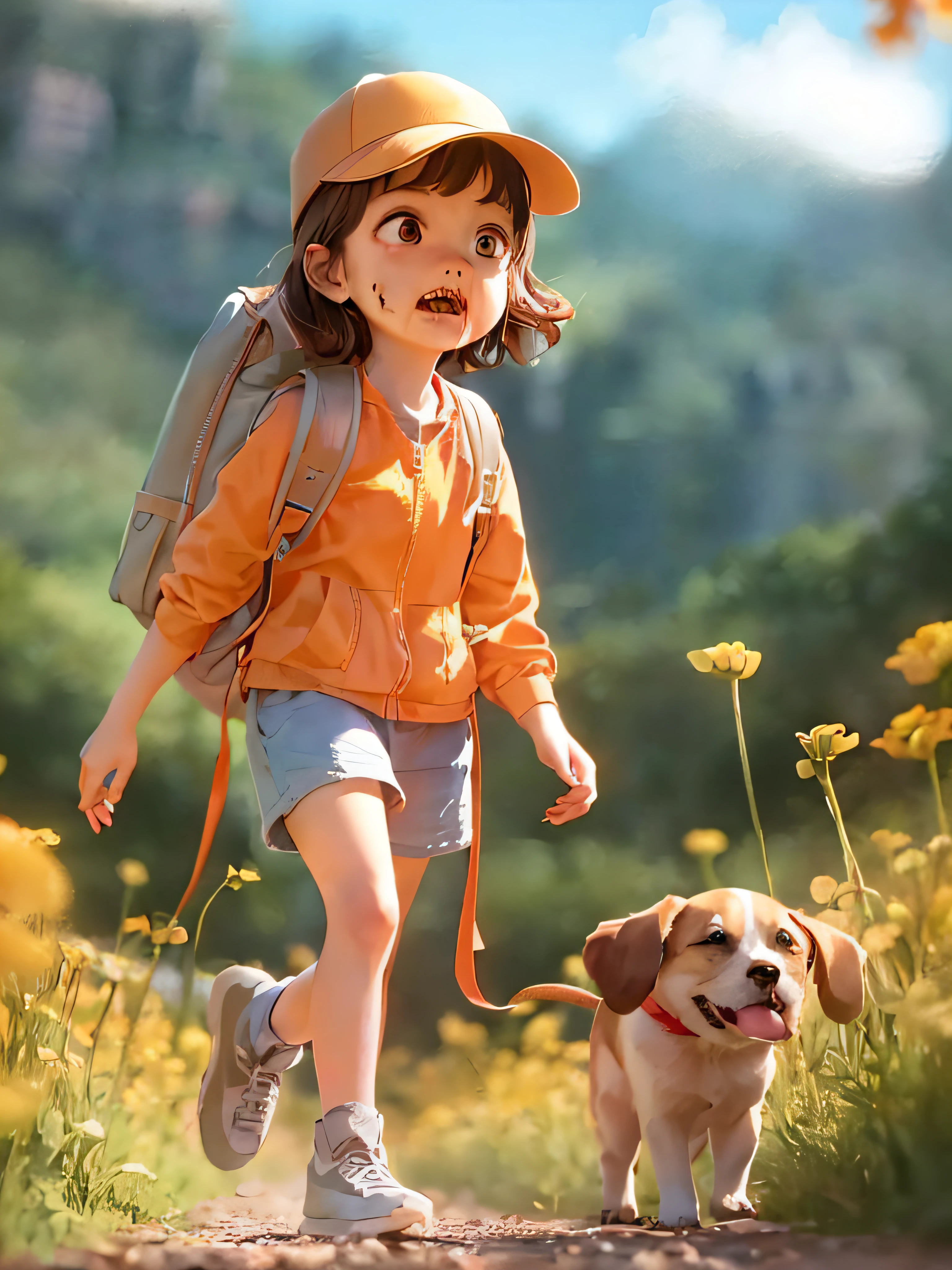 Prompt: An incredibly horrifying zombie carrying a backpack, accompanied by his adorable puppy, enjoying a lovely spring outing surrounded by beautiful yellow flowers and natural scenery. The illustration is in high definition at 4k resolution, with highly-detailed facial features and cartoon-style visuals.