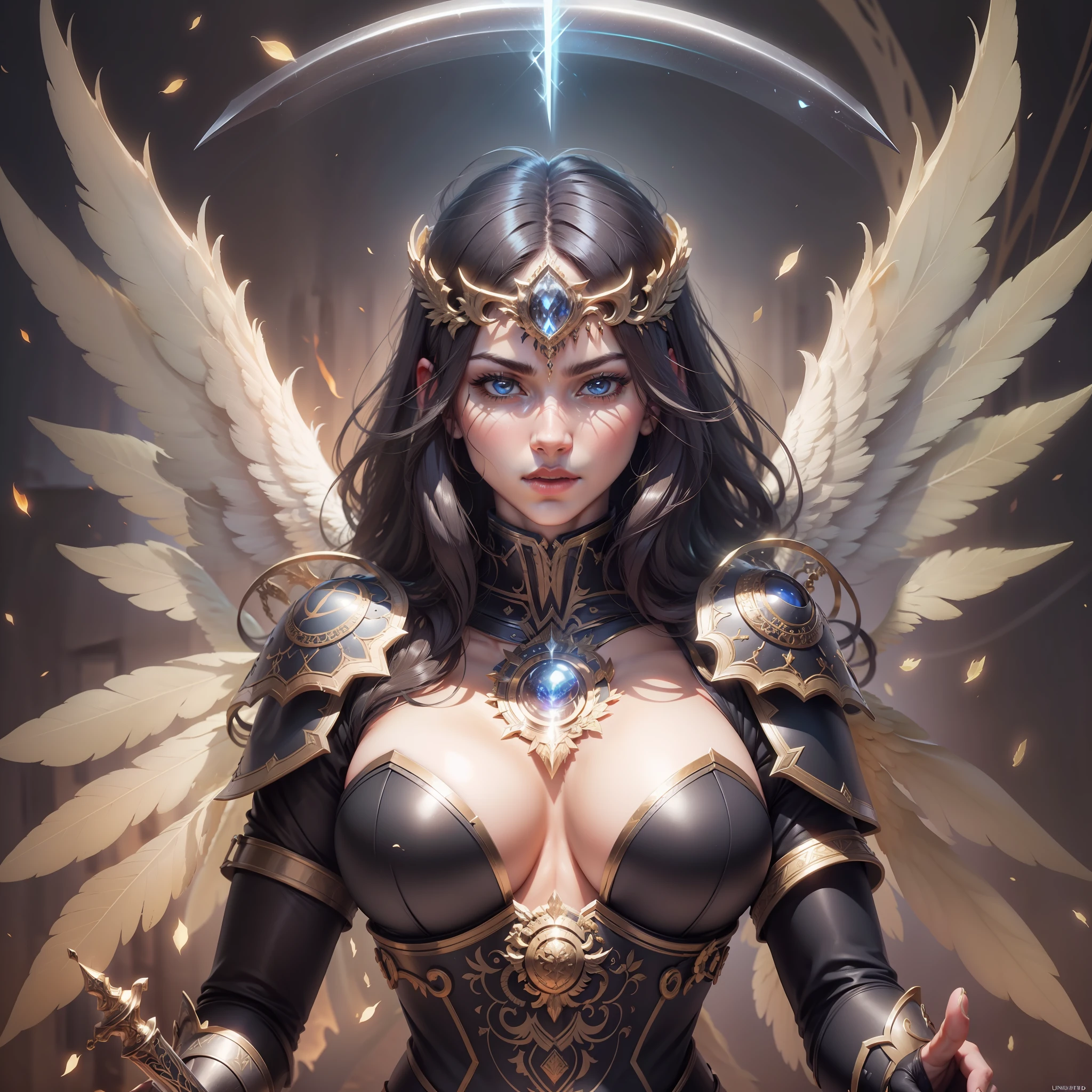 Create an image of an archangel with four large wings who is leading an army of angels to fight the forces of evil in an epic battle. He has a flaming sword in one hand and a shield in the other, and his face is determined and courageous. UHD, high details, super detail, best quality, 8k