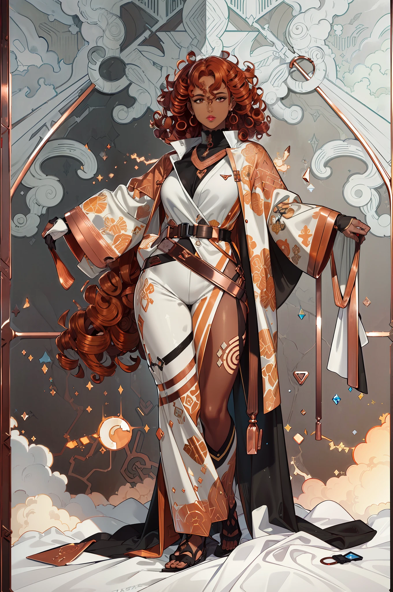 (dark skin:1.7), (curly hair:1.6),(copper hair:1.4),(thick lips:1.3),(Masterpiece, Best Quality, Highres:1.4), Detailed, Intricate Details, 4K,
color splashes, line art, art, fibonacci,