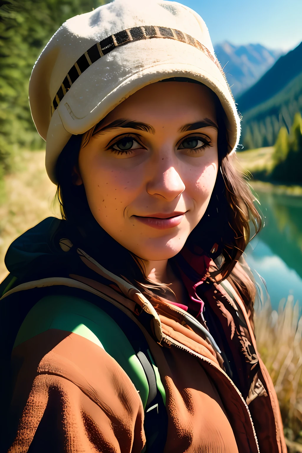 1 woman wearing latex ((upper body selfie, happy)), masterpiece, best quality, ultra-detailed, solo, outdoors, (night), mountains, nature, (stars, moon) cheerful, happy, backpack, sleeping bag, camping stove, water bottle, mountain boots, gloves, sweater, hat, flashlight, forest, rocks, river, wood, smoke, shadows, contrast, clear sky, analog style (look at viewer:1.2) (skin texture) (film grain:1.3), (warm hue, warm tone) :1.2), close up, cinematic light, sidelighting, ultra high res, best shadow, RAW, upper body,