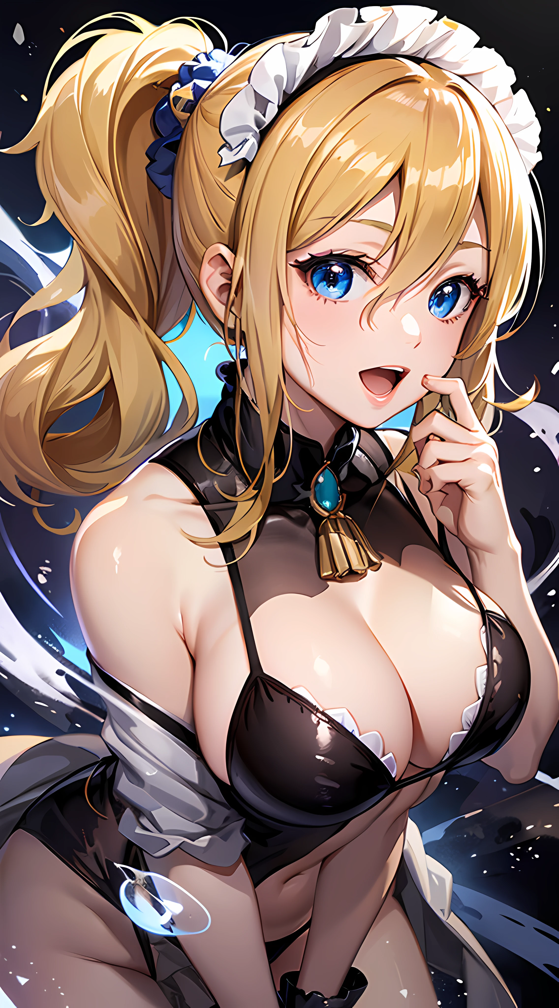 masterpeace, Best Quality, high resolucion, 1girl, hayasaka ai, 独奏, blonde hair, maiden, blue eyes, Side ponytail, hair scrunchie, hair ornament, blue scrunchie, maid headdress, (top angle view), Hair between the eyes, big breasts, Bikini only, Cowboy shot, a smile, open mouth, Extended language, leaning forward,