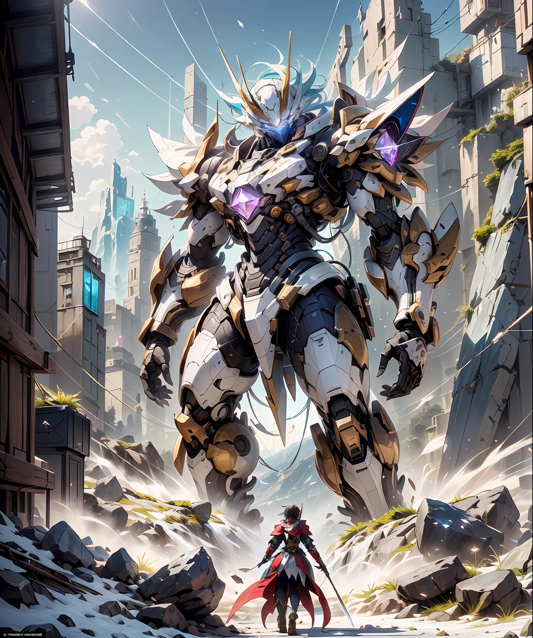 weapon shop,arma ,Giant sword,Fighting posture,giant mecha,(Smooth surface),(Stand at the top of the mountain:1.2)(Overlooking the cyberpunk city),White is the main color，Comes with bright decorative colors such as red and gold。There are powerful thrusters,(Crystal armor:1.3),(((巨作))),(((Best quality))),((superdetailed))((Extremely detailed CG)),((16K resolution))((An extremely delicate and beautiful)),{Photorealistic},Full of detailed light blooms,A masterpiece from the Canon EOS R6 shooting,((masterpaintings)) ,cinematiclight,独奏,Unreal Engine 5,(Faraway view:1.5)