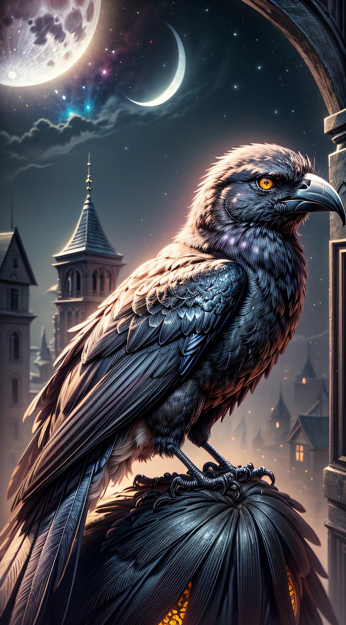 (masterpiece:1.4), (best quality:1.4), (detailed), solo, 1bird, dark crow, raven, flashy eye, ((yellow eyes)), black feathers, detailed feathers, from side, close-up, siting on the very top of dark gothic temple, bloody moon and night sky behind him, full moon, magic bird, midnight, stars, nebula