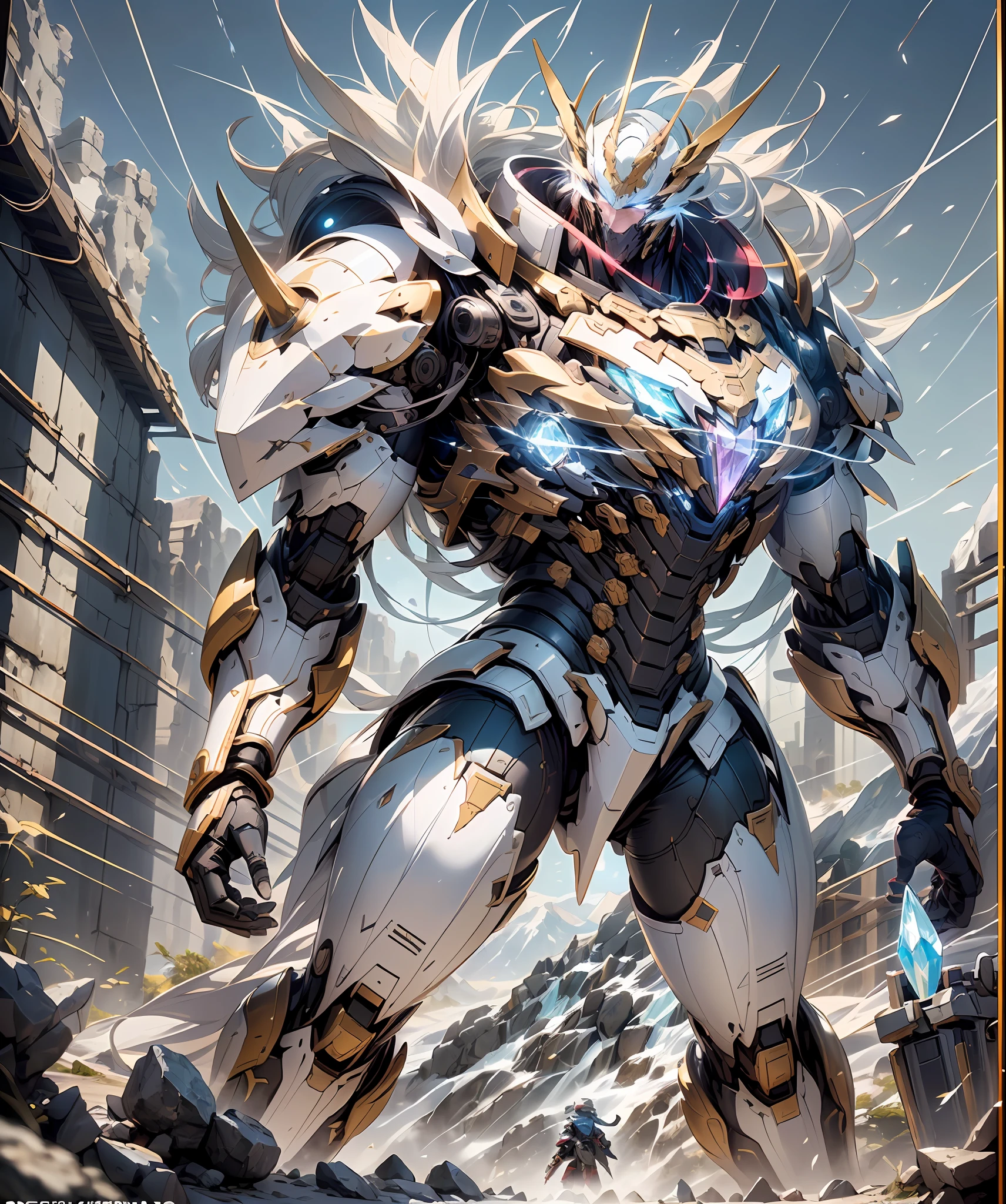 weapon shop,arma ,Giant sword,Fighting posture,giant mecha,(Smooth surface),(Stand at the top of the mountain:1.2)(Overlooking the cyberpunk city),White is the main color，Comes with bright decorative colors such as red and gold。There are powerful thrusters,(Crystal armor:1.3),(((巨作))),(((Best quality))),((superdetailed))((Extremely detailed CG)),((16K resolution))((An extremely delicate and beautiful)),{Photorealistic},Full of detailed light blooms,A masterpiece from the Canon EOS R6 shooting,((masterpaintings)) ,cinematiclight,独奏,Unreal Engine 5,(Faraway view:1.5)