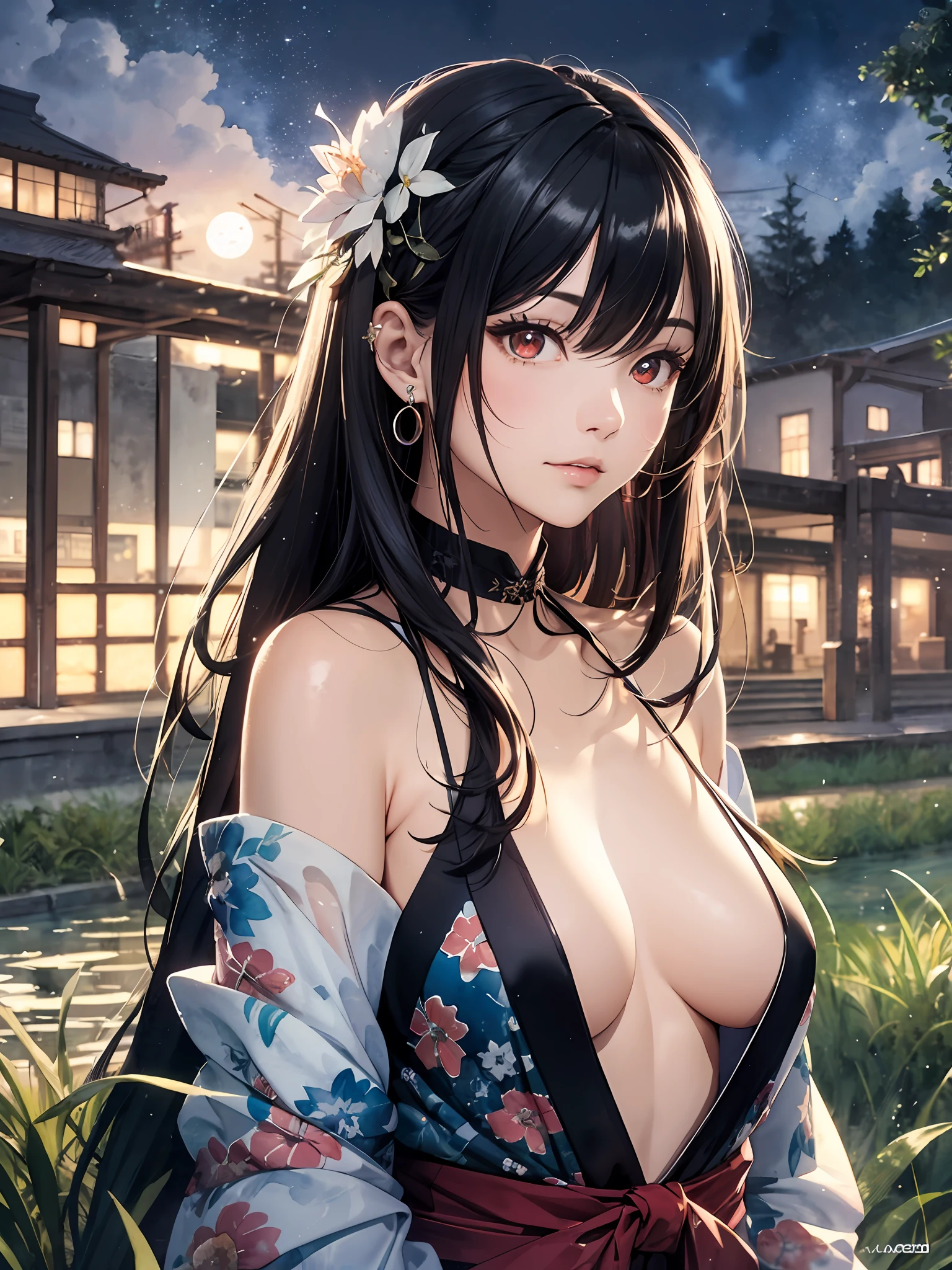 extremely detailed body,girl,woman,female,mature,30 years old,long hair,bangs,streaked hair,black hair,shiny hair,beautiful detailed cold face,cold smile,bright pupils,bare_shoulders,medium_breasts,(red eyes),hair_flower, kimono,(see-through),((no underwear)),Lots of piercings,night,(pond),Grass is growing in the foreground,beautiful detailed sky,moon,cold light, bokeh,(((Watercolor Techniques))),wet,Unreal Engine,digital art,extremely detailed CG unity 8k wallpaper,