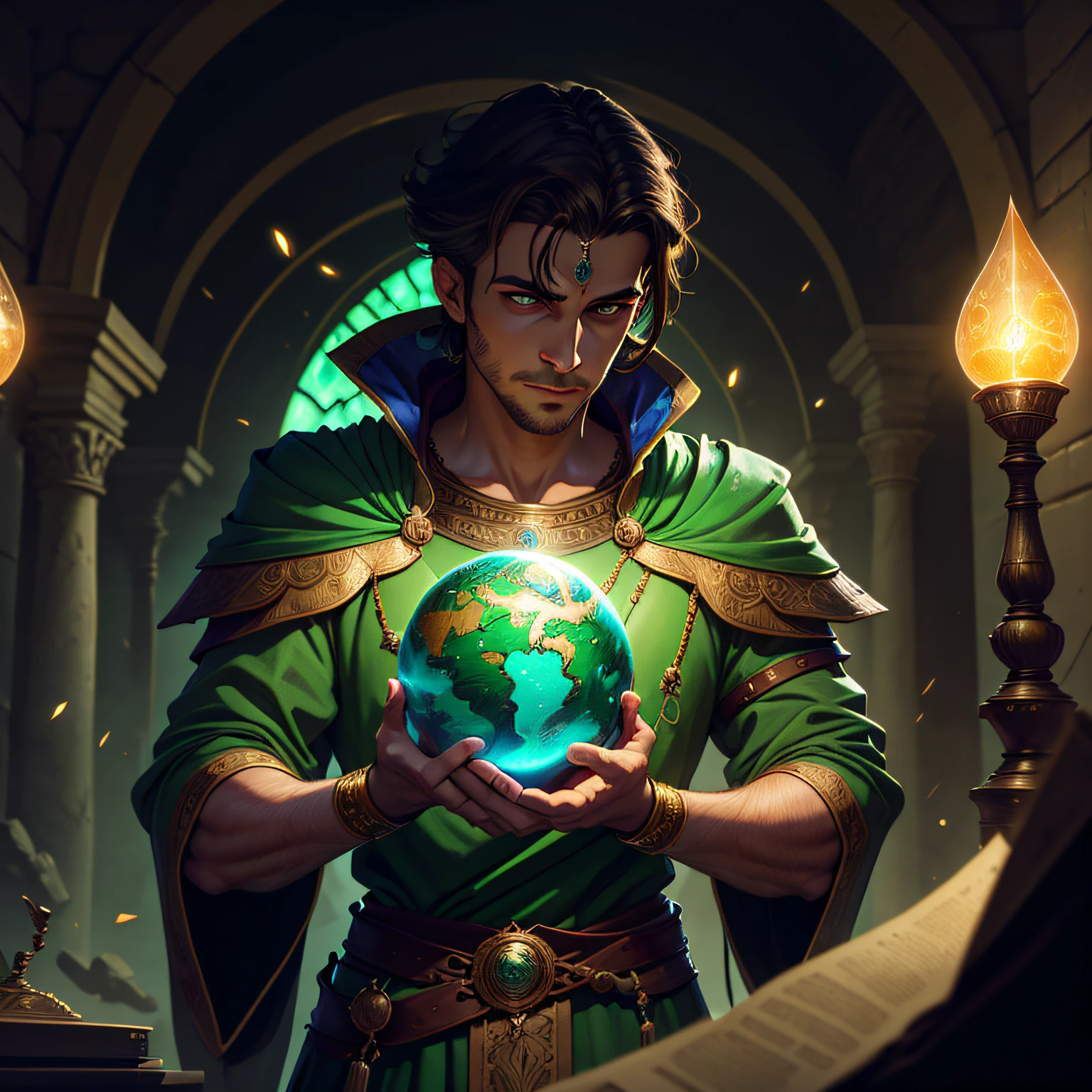 01 homem, jovem de 35 anos, cabelos castanhos, olhos verdes, usa uma tiara dourada na testa e com uma pedra verde ao centro, wears a Roman outfit with the green tunic, and in his hands a globe of light (conforme foto). Standard human body, duas pernas, two arms, perfect hands, High Definition Face, face humana perfeita, digital illustation, oild painting, alta qualidade, dynamic lighting, etherial lighting, Ultra Detalhe, elegante, obra-prima