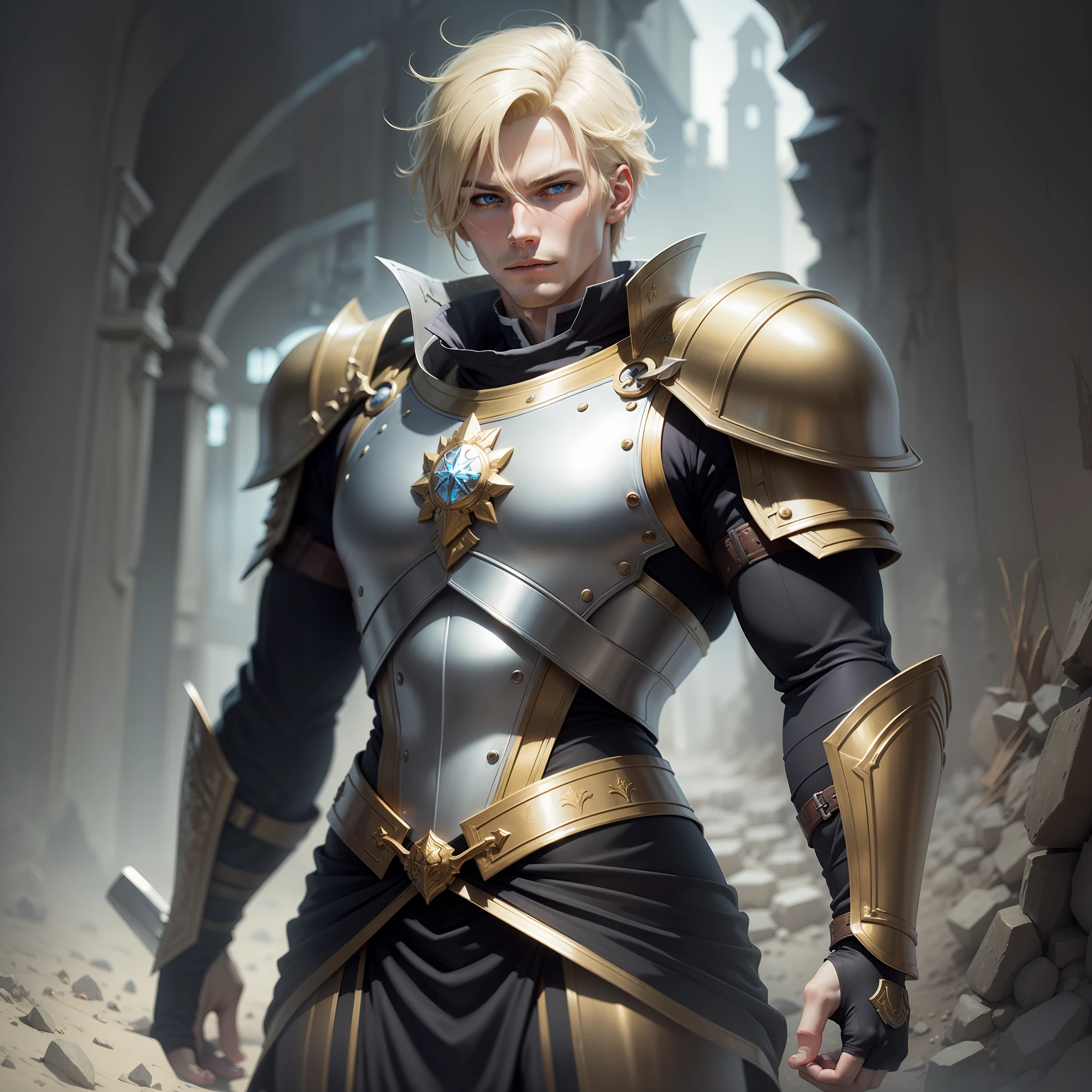 realistic art image in anime style of a blond man, tall, strong, blue eyes, short hair, dressed in a black cleric costume and with golden shoulder pads, rpg warrior, relieved expression, in a dark, gloomy, underground chamber