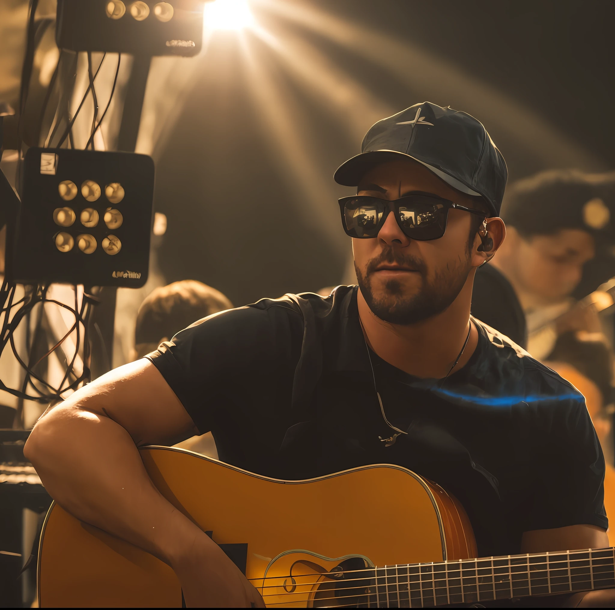 there is a man that is playing a guitar in front of a stage, bloqueando o sol, sun behind him, aceso de lado, Executar,