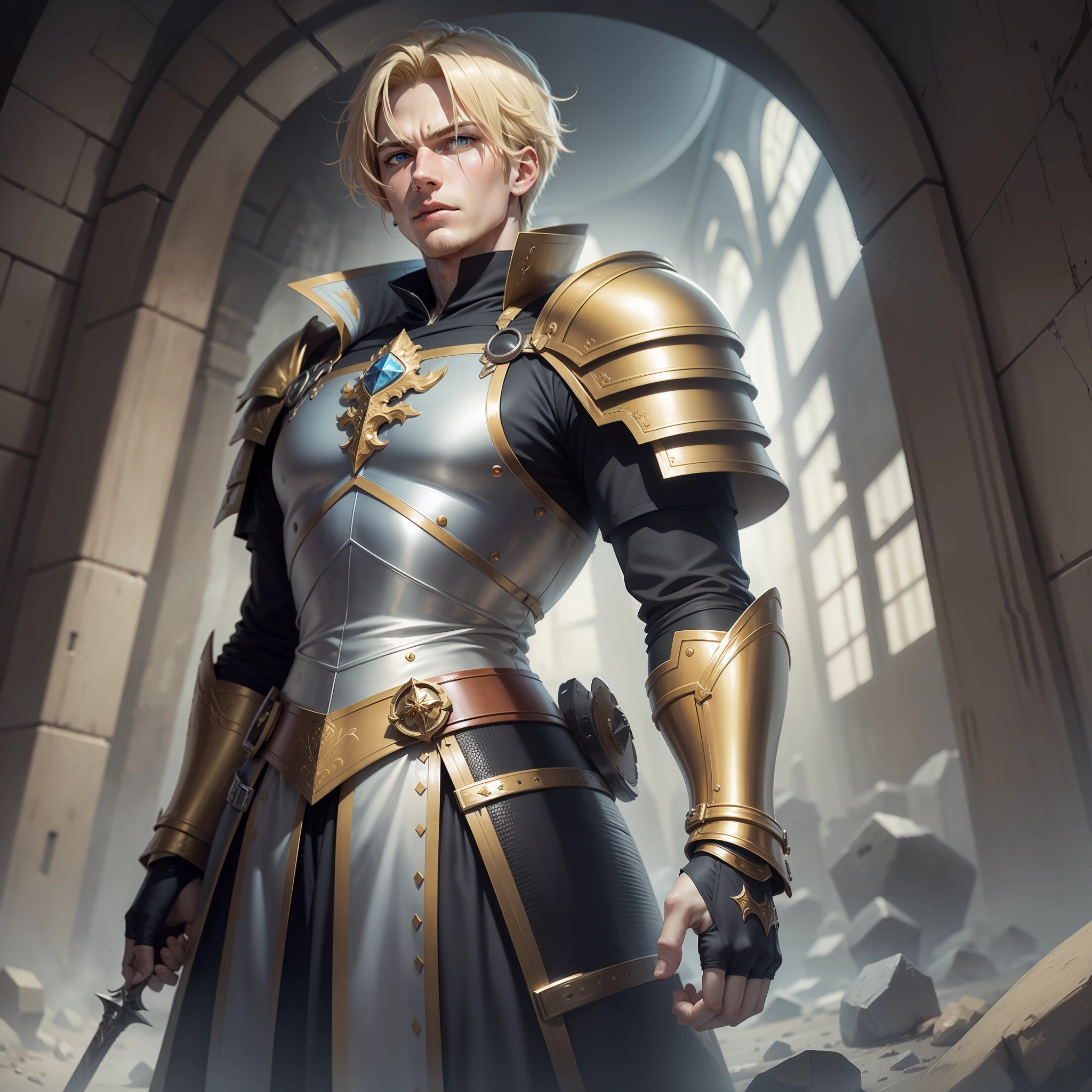 realistic art image in anime style of a blond man, tall, strong, blue eyes, short hair, dressed in a black cleric costume and with golden shoulder pads, rpg warrior, relieved expression, in a dark, gloomy, underground chamber