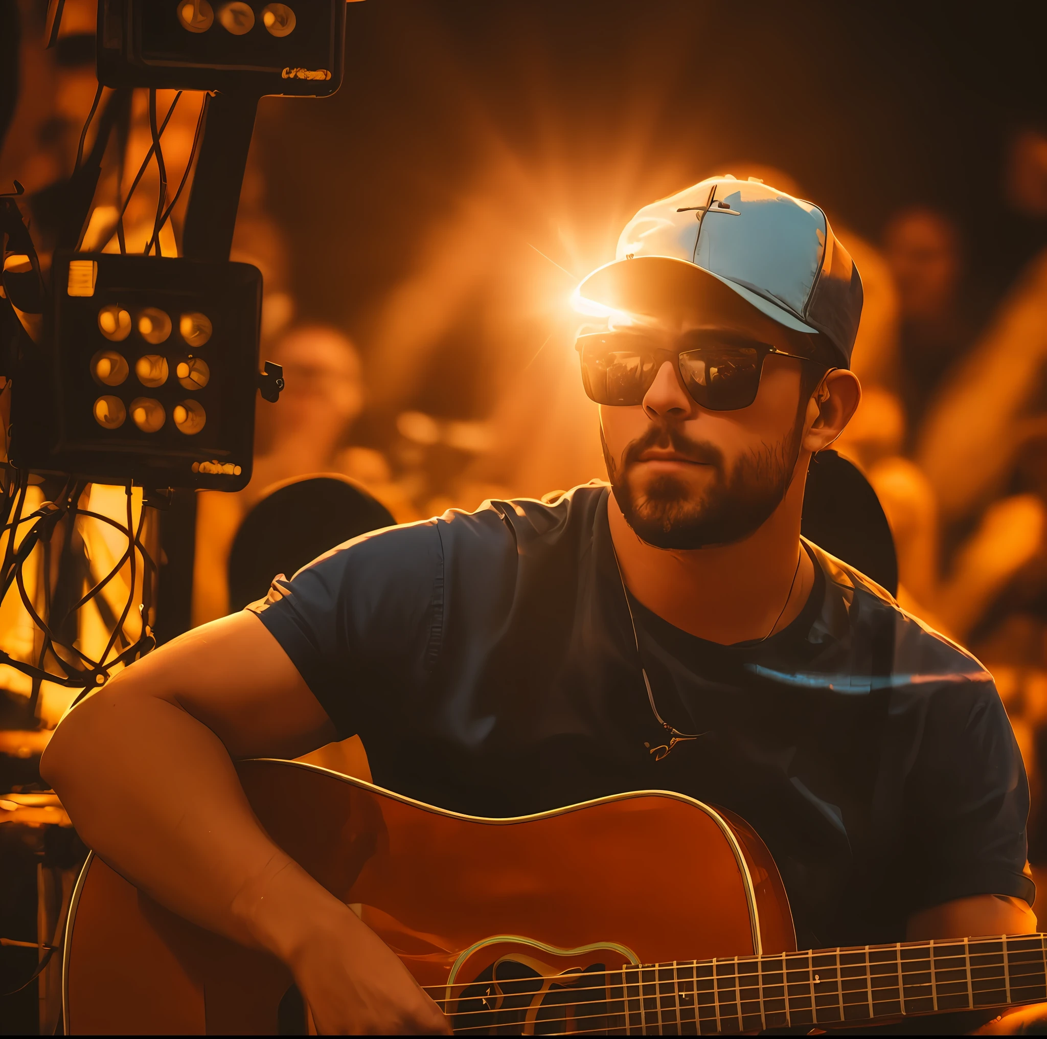 there is a man that is playing a guitar in front of a stage, bloqueando o sol, sun behind him, aceso de lado, Executar,