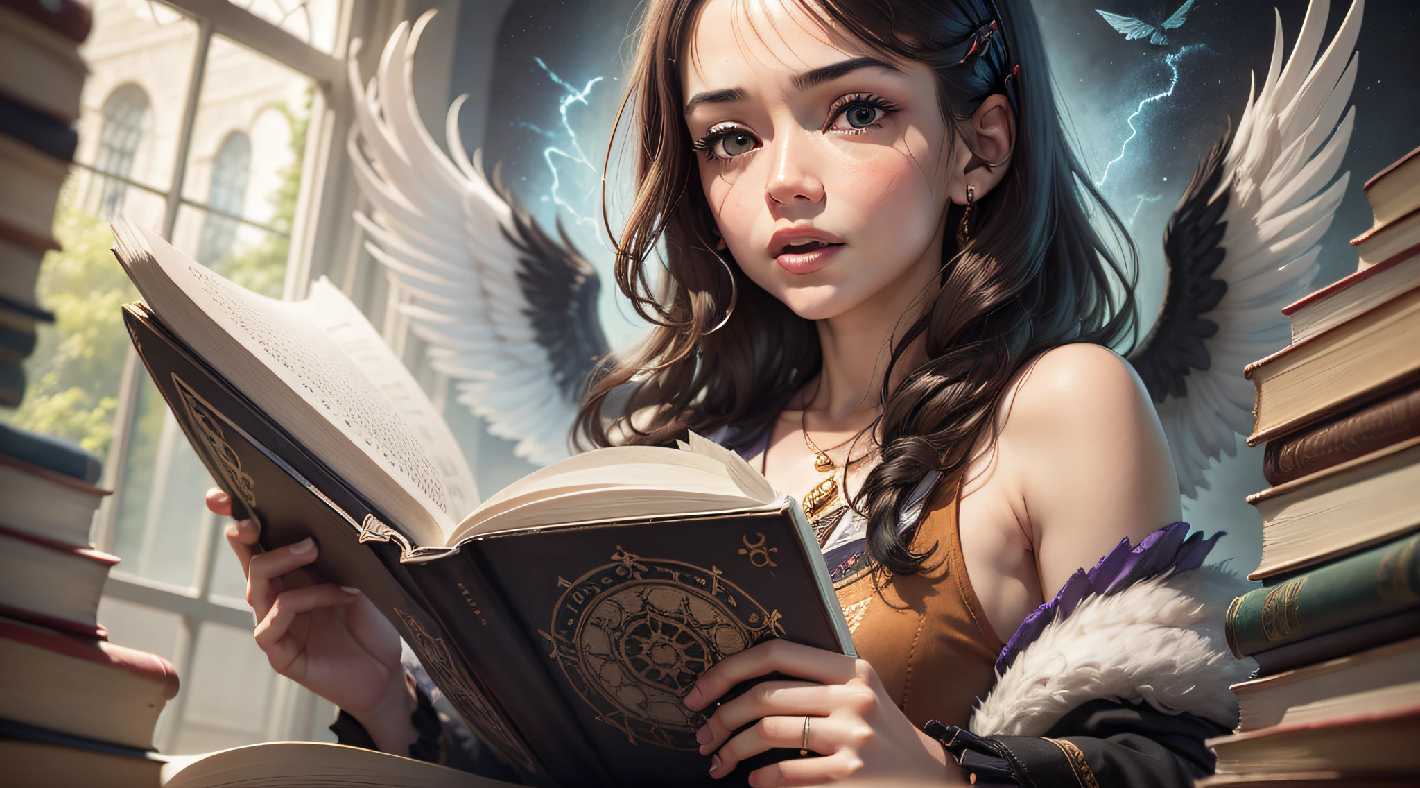 um close up de um livro com uma pomba voando sobre ele, beautiful depiction, flowing book pages, holy spirit, bible illustration, magic book, ophanim has bird wings, livros voadores, Directed by: Glen Angus, heaven on earth, Directed by: Willy Bo Richardson, accurate depiction, um livro aberto, A Arte dos Livros, dramatic reading spell book pose, bela obra-prima