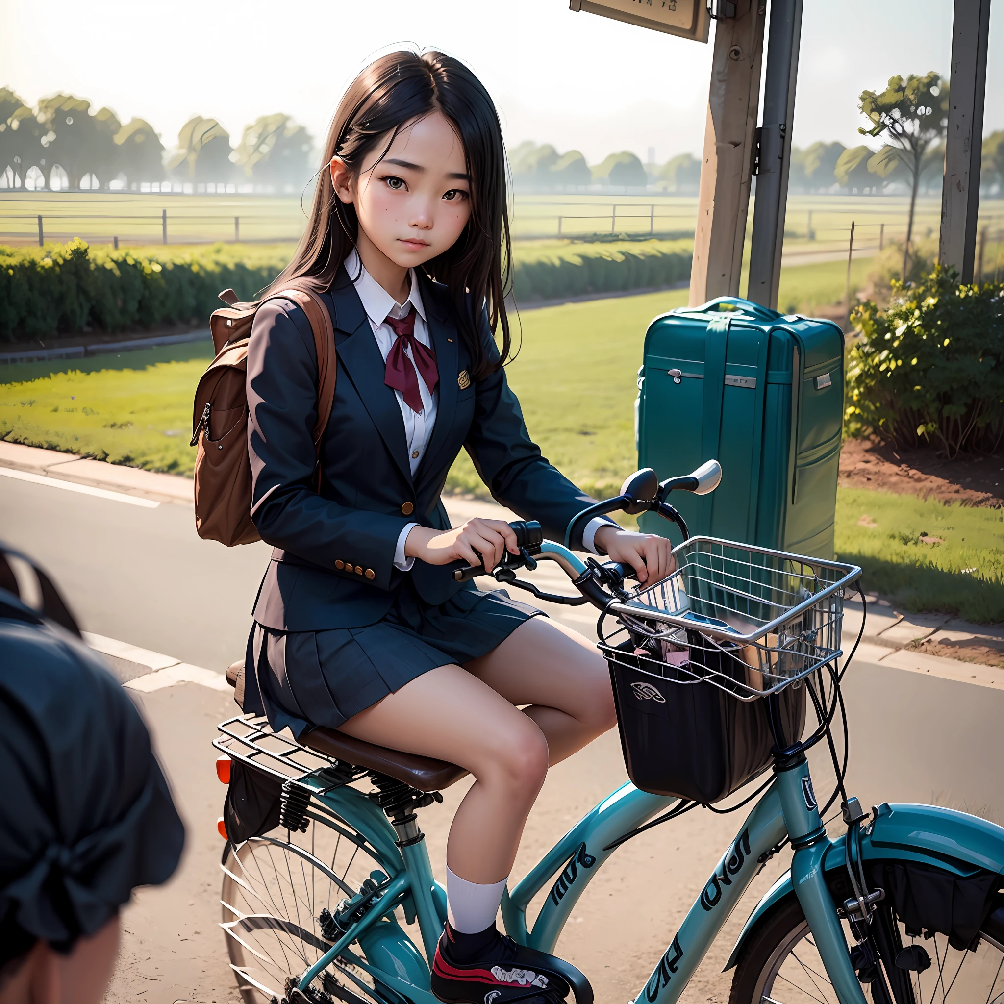 Asia teenage girl with school uniform in country side, innocent face on bike. --auto