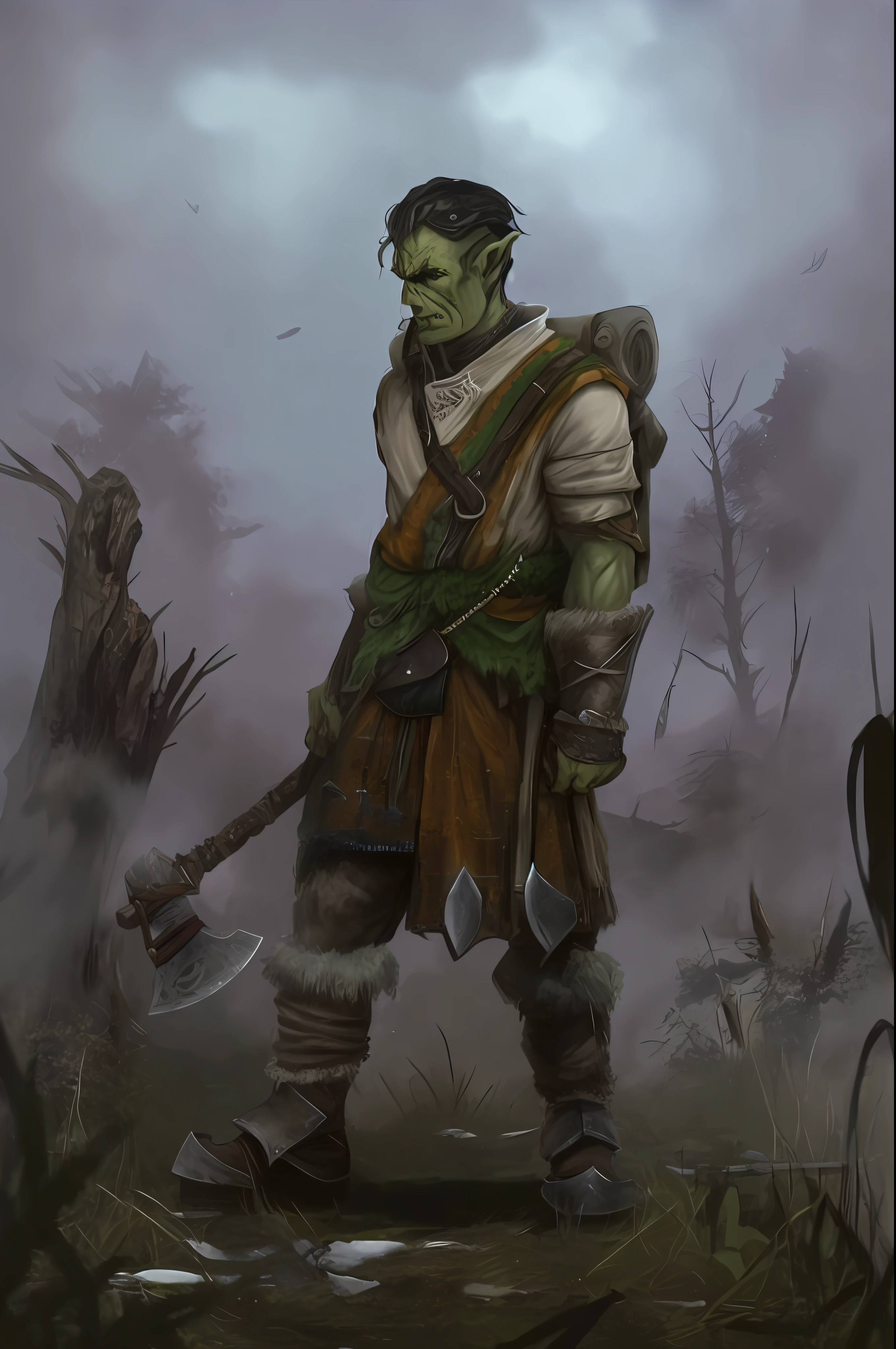 uma pintura de um homem em um kilt com um grande machado, Druida da floresta Orc macho, Bebia orc fantasia, orc themed, d&d orc desonestos, Um Orc, Orc Verde Macho, arte goblin, Orc macho, druida atraente, Orc Guerreiro, Orc, goblin menino dnd personagem, Fantasia D&D personagem, imagem de guerreiro jovem masculino, photogenic details on clothing, armadura e roupas desgastadas, armadura leve de couro, cinematic RAW sincere portrait photo, foto de corpo inteiro de jovem garoto de 27 anos guerreiro (pele altamente detalhada: 1.2) ((jovem/homem)) homem forte em um (traje de armadura de couro com tecido verde escuro e laranja escuro para homem) em ((game of thrones medieval westeros)) 8k uhd, dslr, gentle illumination, alta qualidade, movie grain, Fujifilm XT3 olhos abertos perfeitos, corpo forte, serious face, rosto levemente sujo de fuligem, serious look, combatente medieval, lenhador guerreiro medieval, homem jovem posando para imagem, Combat Position, rosto destemido e cansado