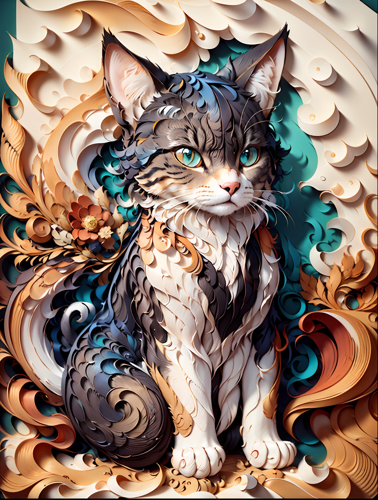 (((masterpiece))),best quality, illustration, paper quilling paper cut cat detailed complex pattern