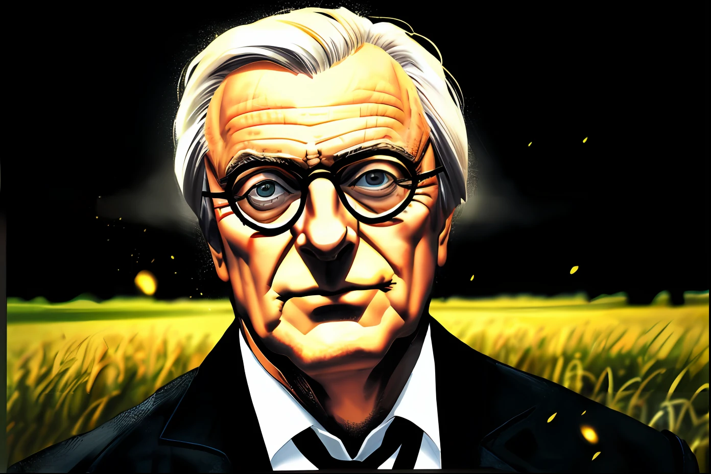smiling man in a black jacket and tie standing in a field, homem debochado, um homem muito debochado, Michael Caine, cena intensa, filme de alta qualidade ainda, ao ar livre a noite em uma fazenda, fazenda Noturna, particles, Chuva leve, Foco masculino, (cabo de fluxo longo), noite, Chuva, fundo detalhado, (arte de Frank Miller), obra-prima, (realista:1.3), perfect illumination, sombreamento perfeito, (textura realista do tecido), hiper-realista, (fotorrealista:1.5), (Foco no homem), line art, (comi styled)