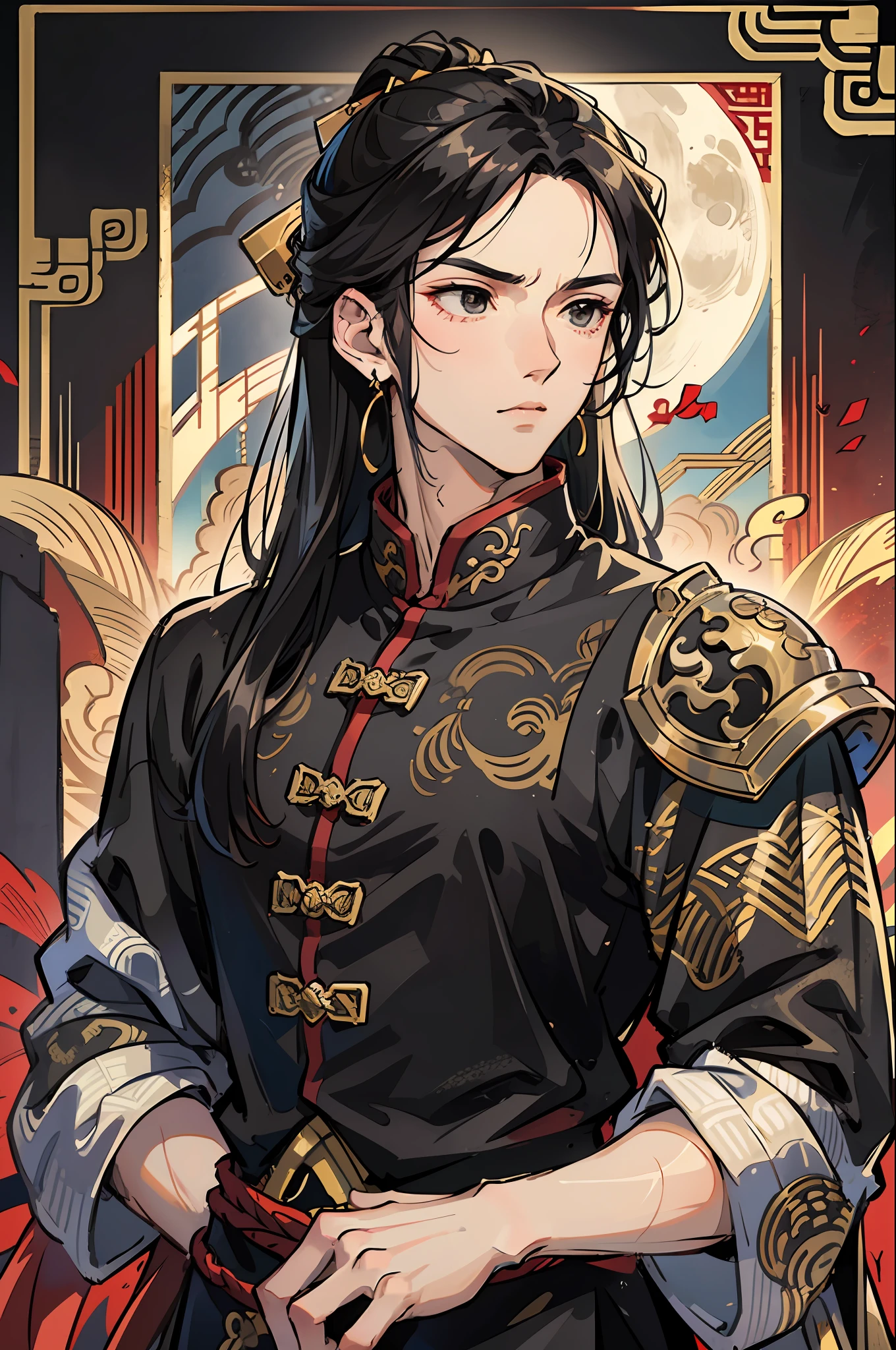 Masterpiece, Excellent, Night, Full Moon, 1 Man, Chinese Style, Ancient China, Black Hair, Black Eyes, Split Ends, Long Hair, Long Bangs, Handsome, Handsome, Masculine, Serious, Gentle, Tall, Calm, Black Gold Blend, Gold Pattern, Dragon Pattern, General, Battlefield --auto --s2