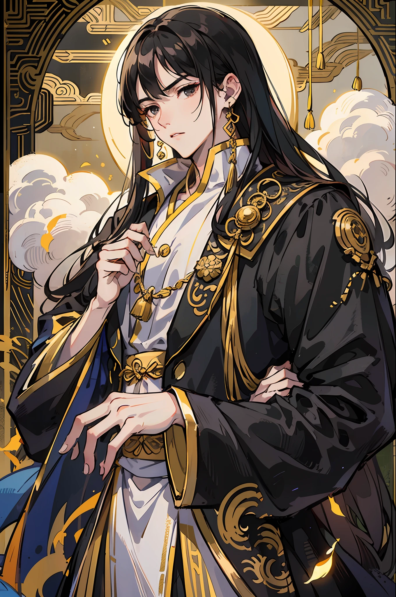 Masterpiece, Excellent, Night, Full Moon, 1 Man, Chinese Style, Ancient China, Black Hair, Black Eyes, Split Ends, Long Hair, Long Bangs, Handsome, Handsome, Masculine, Serious, Gentle, Tall, Calm, Black Gold Blend, Gold Pattern, Dragon Pattern, General, Battlefield --auto --s2