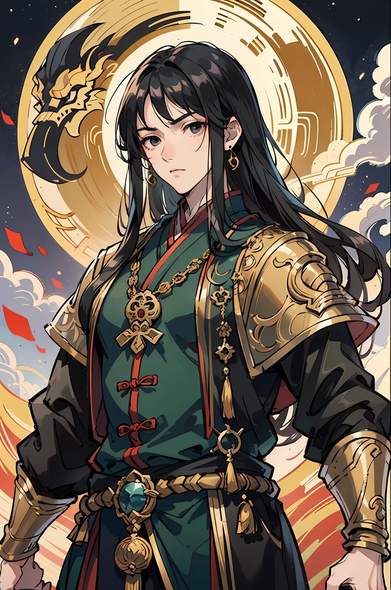 Masterpiece, Excellent, Night, Full Moon, 1 Man, Chinese Style, Ancient China, Black Hair, Black Eyes, Split Ends, Long Hair, Long Bangs, Handsome, Handsome, Masculine, Serious, Gentle, Tall, Calm, Black Gold Blend, Gold Pattern, Dragon Pattern, General, Battlefield --auto --s2