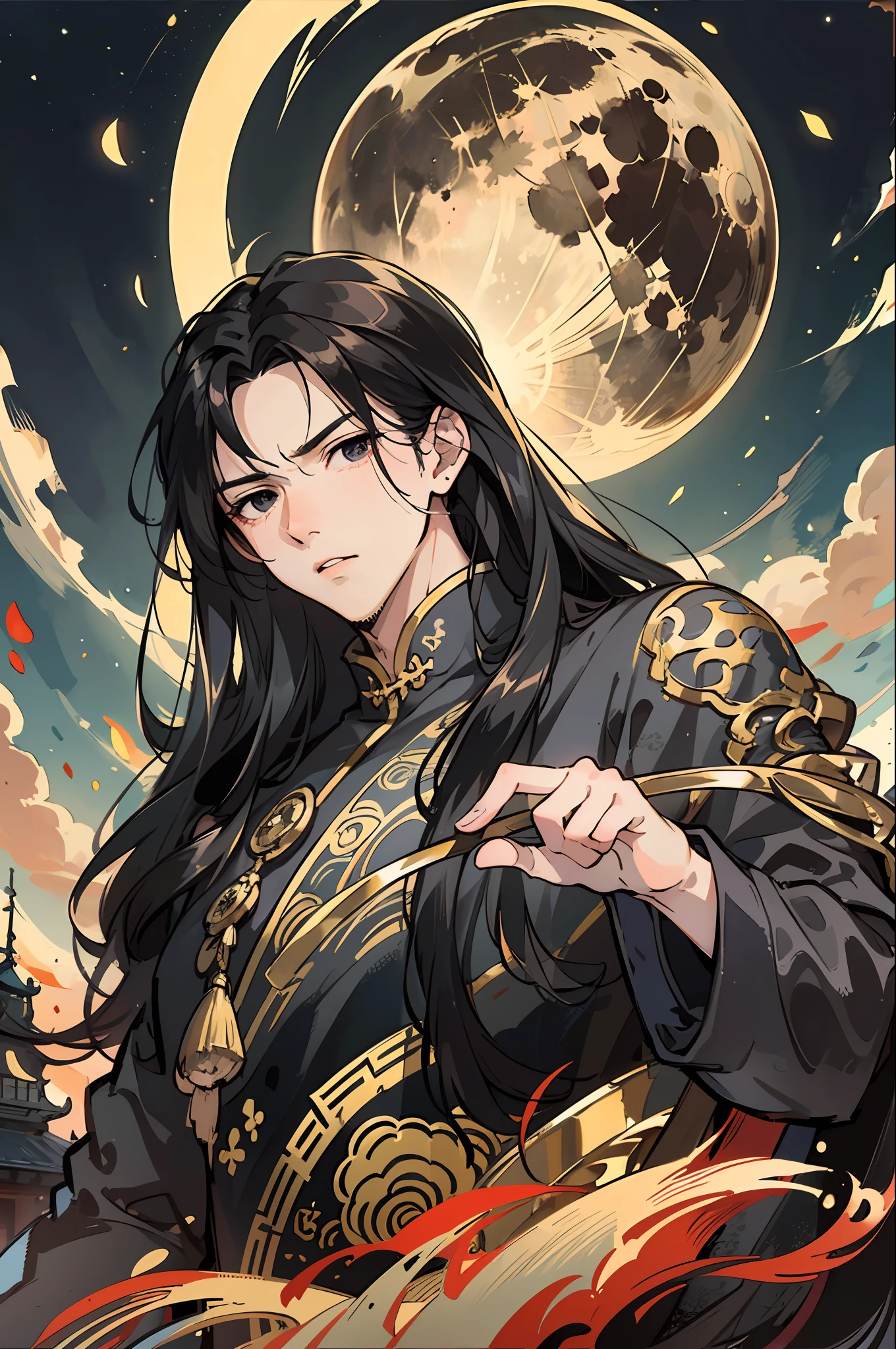 Masterpiece, Excellent, Night, Full Moon, 1 Man, Chinese Style, Ancient China, Black Hair, Black Eyes, Split Ends, Long Hair, Long Bangs, Handsome, Handsome, Masculine, Serious, Gentle, Tall, Calm, Black Gold Blend, Gold Pattern, Dragon Pattern, General, Battlefield --auto --s2