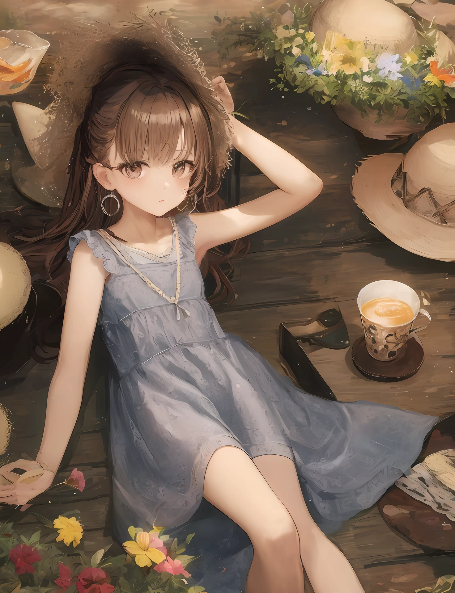 woman lying on a  table, [doll2], in the dark,['top-less'],['cafe'], [10,glasses,cowboy_shot, Floral print sundress, Flat sandals, Straw hat, and dangle earrings],[10,perfect face]