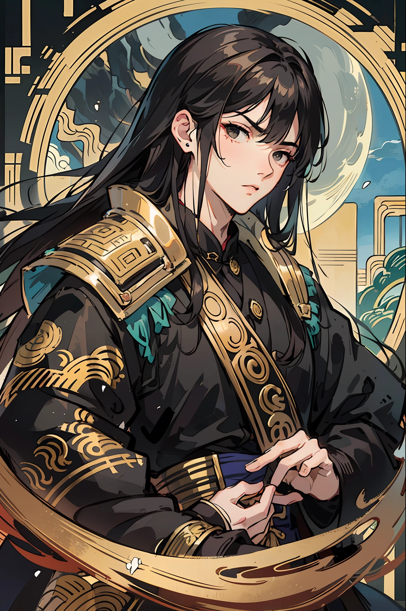 Masterpiece, Excellent, Night, Full Moon, 1 Man, Chinese Style, Ancient China, Black Hair, Black Eyes, Split Ends, Long Hair, Long Bangs, Handsome, Handsome, Masculine, Serious, Gentle, Tall, Calm, Black Gold Blend, Gold Pattern, Dragon Pattern, General, Battlefield --auto --s2