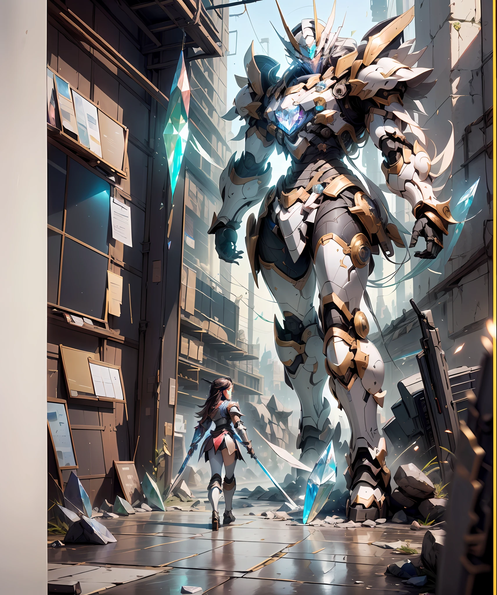 weapon shop,arma ,Giant sword,Fighting posture,giant mecha,(Smooth surface),(Stand at the top of the mountain:1.2)(Overlooking the cyberpunk city),White is the main color，Comes with bright decorative colors such as red and gold。There are powerful thrusters,(Crystal armor:1.5),(((巨作))),(((Best quality))),((superdetailed))((Extremely detailed CG)),((16K resolution))((An extremely delicate and beautiful)),{Photorealistic},Full of detailed light blooms,A masterpiece from the Canon EOS R6 shooting,((masterpaintings)) ,cinematiclight,独奏,Unreal Engine 5,(Faraway view:1.5)