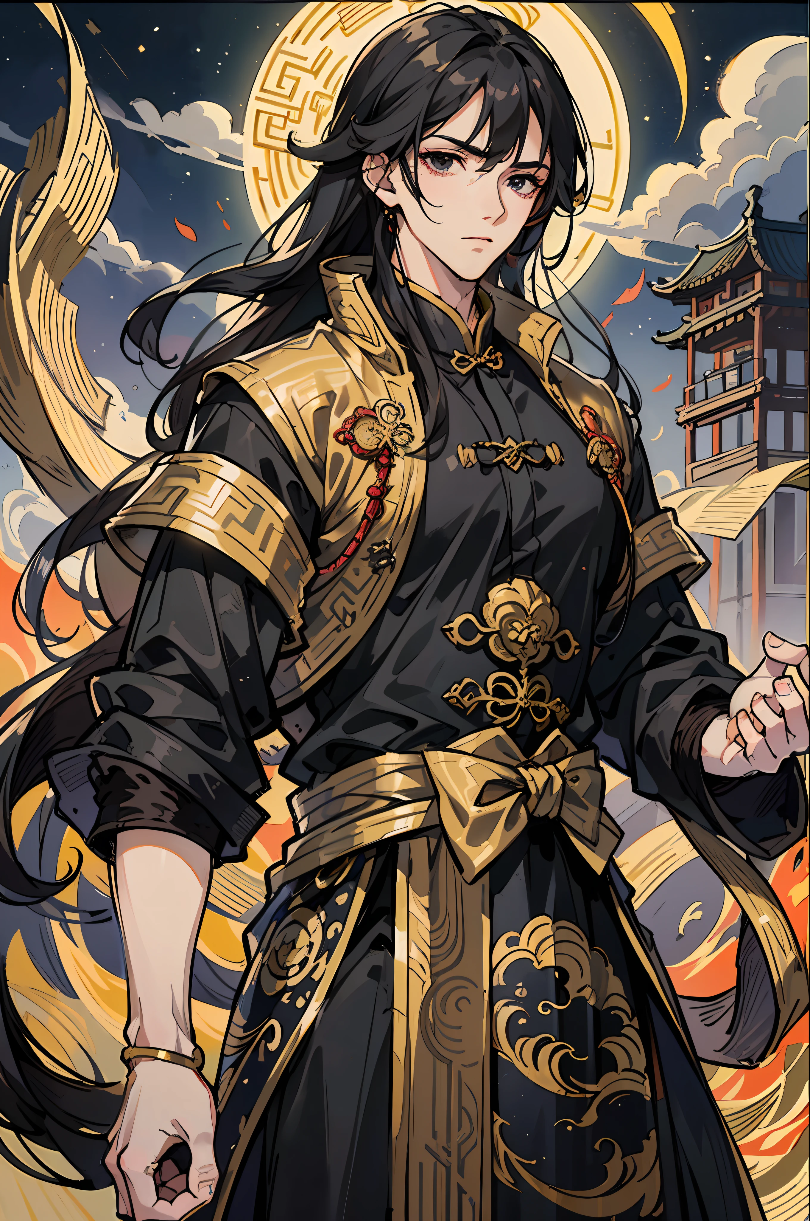 Masterpiece, Excellent, Night, Full Moon, 1 Man, Chinese Style, Ancient China, Black Hair, Black Eyes, Split Ends, Long Hair, Long Bangs, Handsome, Handsome, Masculine, Serious, Gentle, Tall, Calm, Black Gold Blend, Gold Pattern, Dragon Pattern, General, Battlefield --auto --s2