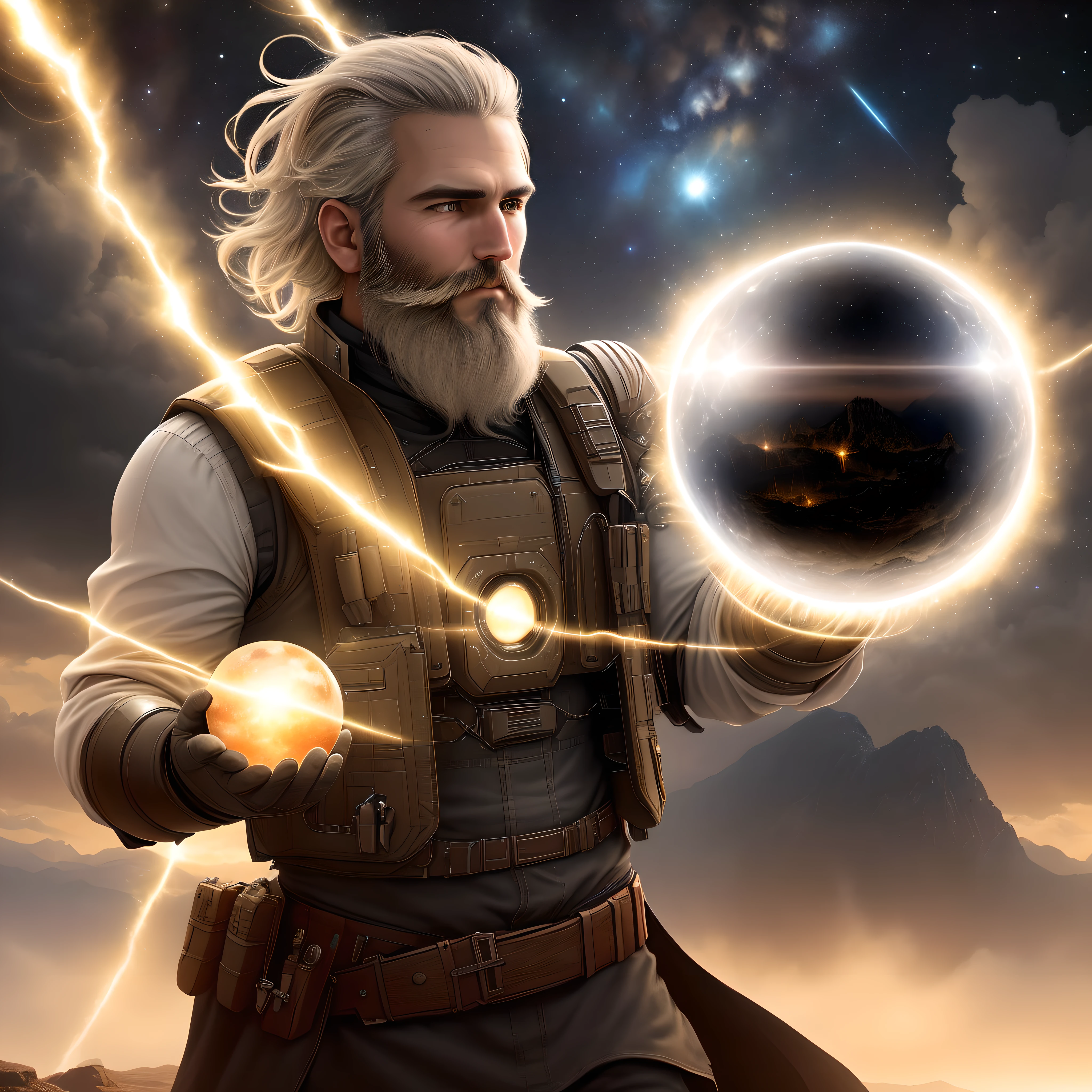 [(scenery a discovery, an enigmatic celestial sphere, charged with mysteries and intense light),((1 Western man),(1 Western man without a pilot beard with special combat vest)),(battle clothes),(special combat armor),(laser weapons)],[(the find of an illuminated enigmatic sphere)]