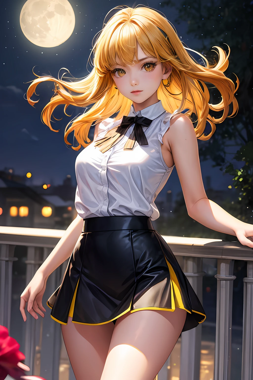 1girl popstar realistic sleeveless blouse skater skirt thighs yellow hair dark eyes moon evening flowers masterpiece
