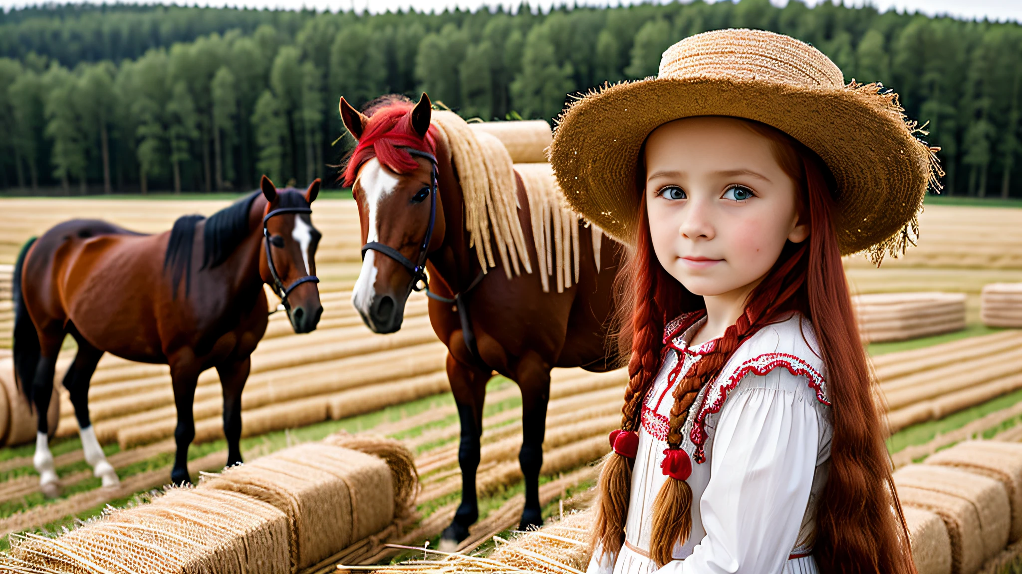 FAZENDA COM CELEIRO, cavalo, GIRLS CHILDREN 12 YEARS OLD,  PICKING APPLES WITH A FARMER'S HAT, LOIRAS COM CABELO LISO, TRIGO, ROLOS DE FENO, SOL AO FUNDO DA FAZENDA.