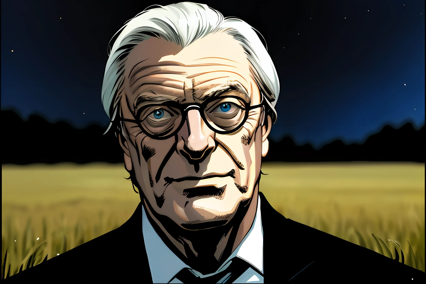 smiling man in a black jacket and tie standing in a field, homem debochado, um homem muito debochado, Michael Caine, cena intensa, filme de alta qualidade ainda, ao ar livre a noite em uma fazenda, fazenda Noturna, particles, Chuva leve, Foco masculino, (cabo de fluxo longo), noite, Chuva, fundo detalhado, (arte de Frank Miller), obra-prima, (realista:1.3), perfect illumination, sombreamento perfeito, (textura realista do tecido), hiper-realista, (fotorrealista:1.5), (Foco no homem), line art, (comic styled)