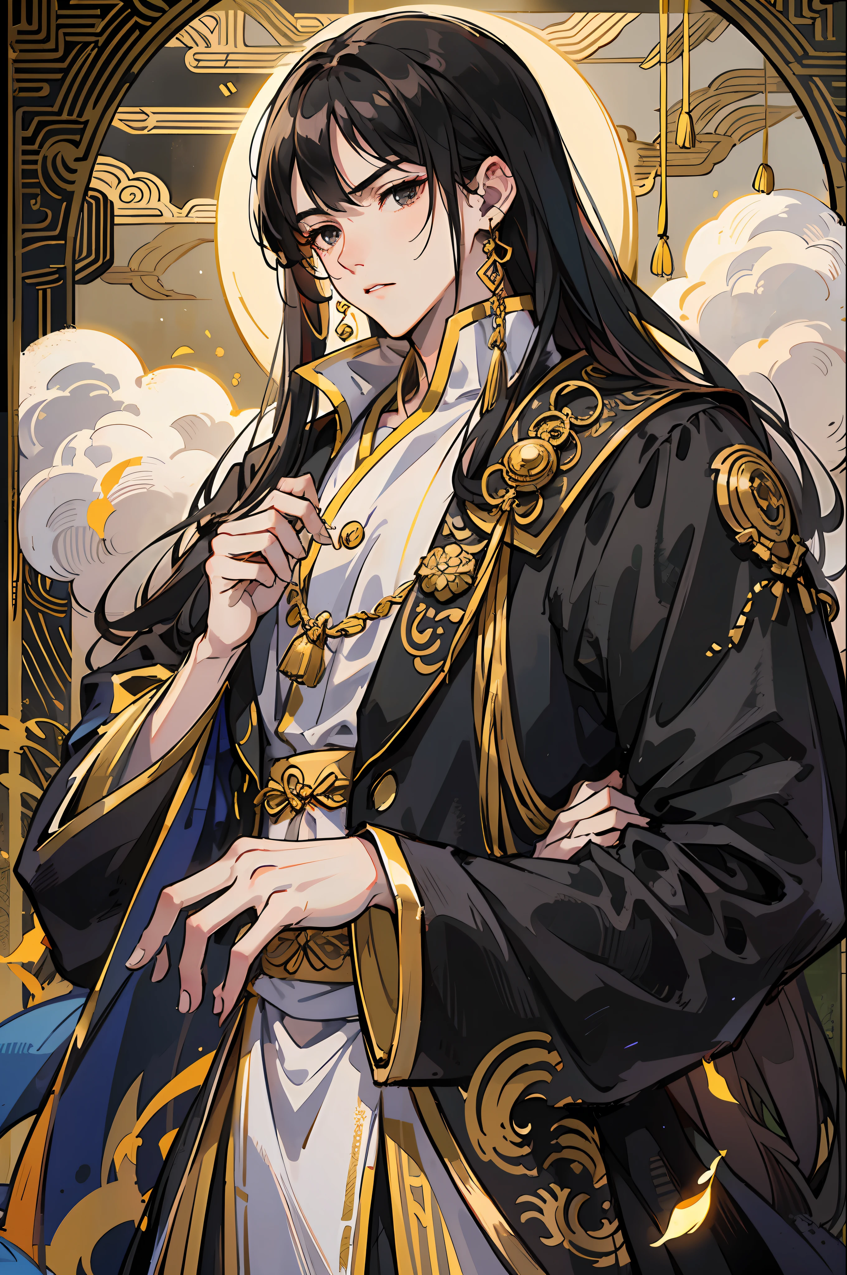 Masterpiece, Excellent, Night, Full Moon, 1 Man, Chinese Style, Ancient China, Black Hair, Black Eyes, Split Ends, Long Hair, Long Bangs, Handsome, Handsome, Masculine, Serious, Gentle, Tall, Calm, Black Gold Blend, Gold Pattern, Dragon Pattern, General, Battlefield --auto --s2