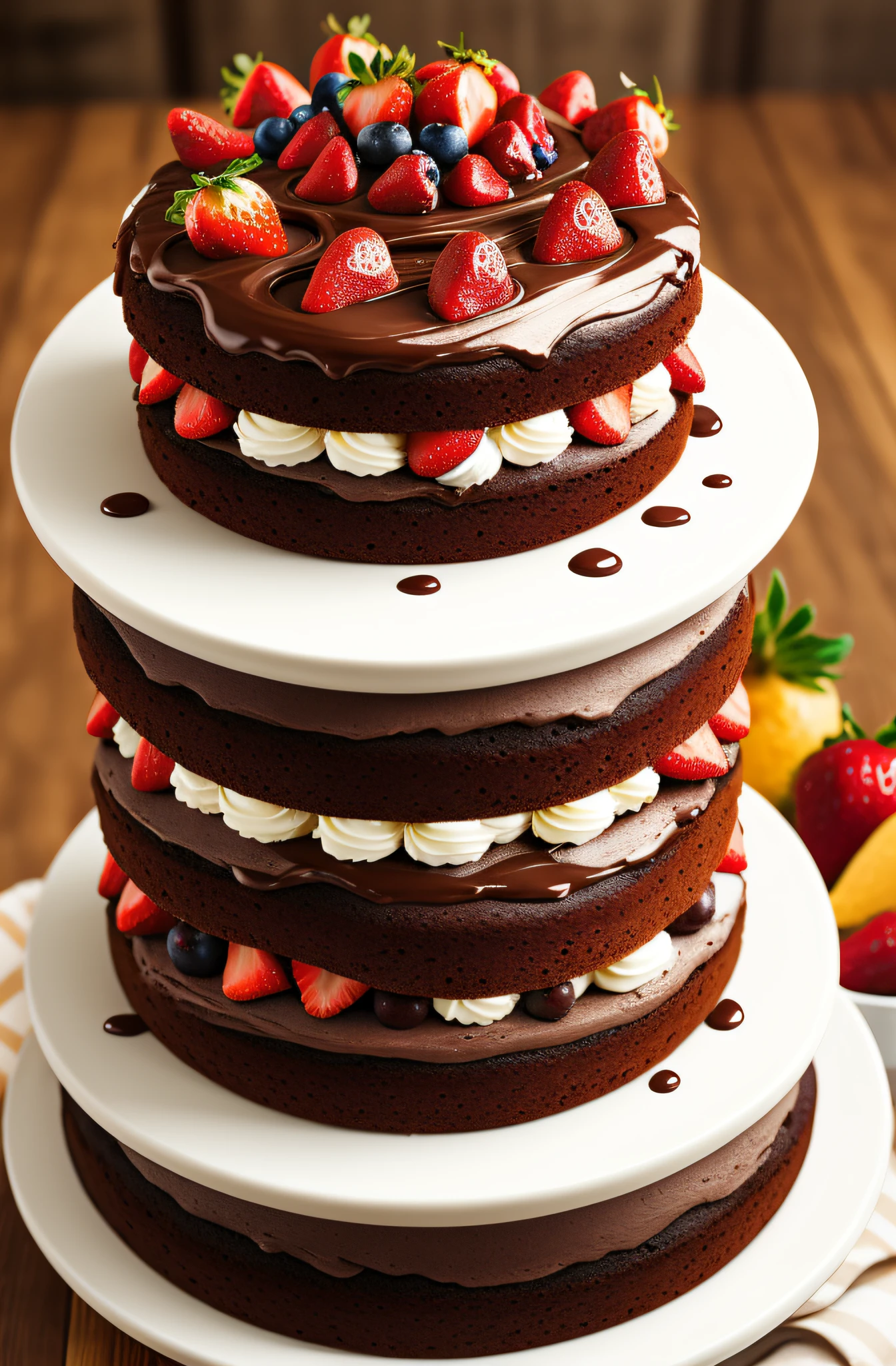 Chocolate cake with strawberries, fruits, cheerful arrangements, realistic, 8k,
