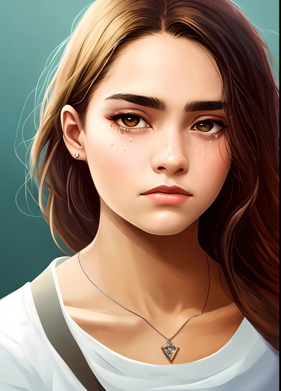 Uma mulher triste, 20 anos, Beautiful, depressivo, choro, Expressivo, tears and a deep look at the camera, retrato, Fechar , Efeito olho de peixe, , (Masterpiece), Rosto detalhado, 4k, Sony A7 III, fundo branco, pintura digital, artstation, arte conceitual