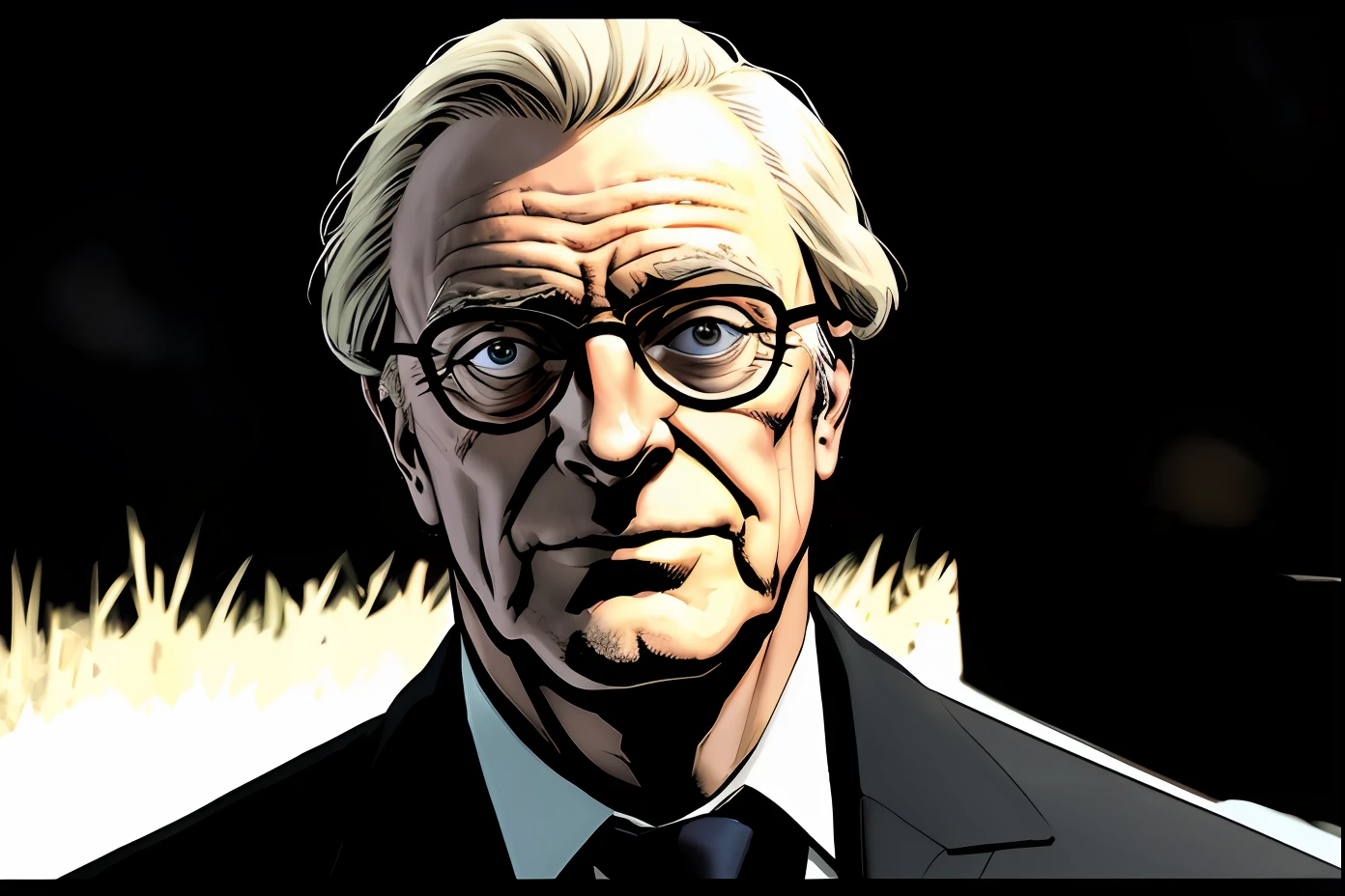 smiling man in a black jacket and tie standing in a field, homem debochado, um homem muito debochado, Michael Caine, cena intensa, filme de alta qualidade ainda, ao ar livre a noite em uma fazenda, fazenda Noturna, particles, Chuva leve, Foco masculino, (cabo de fluxo longo), noite, Chuva, fundo detalhado, (arte de Frank Miller), obra-prima, (realista:1.3), perfect illumination, sombreamento perfeito, (textura realista do tecido), hiper-realista, (fotorrealista:1.5), (Foco no homem), line art, (comic styled)