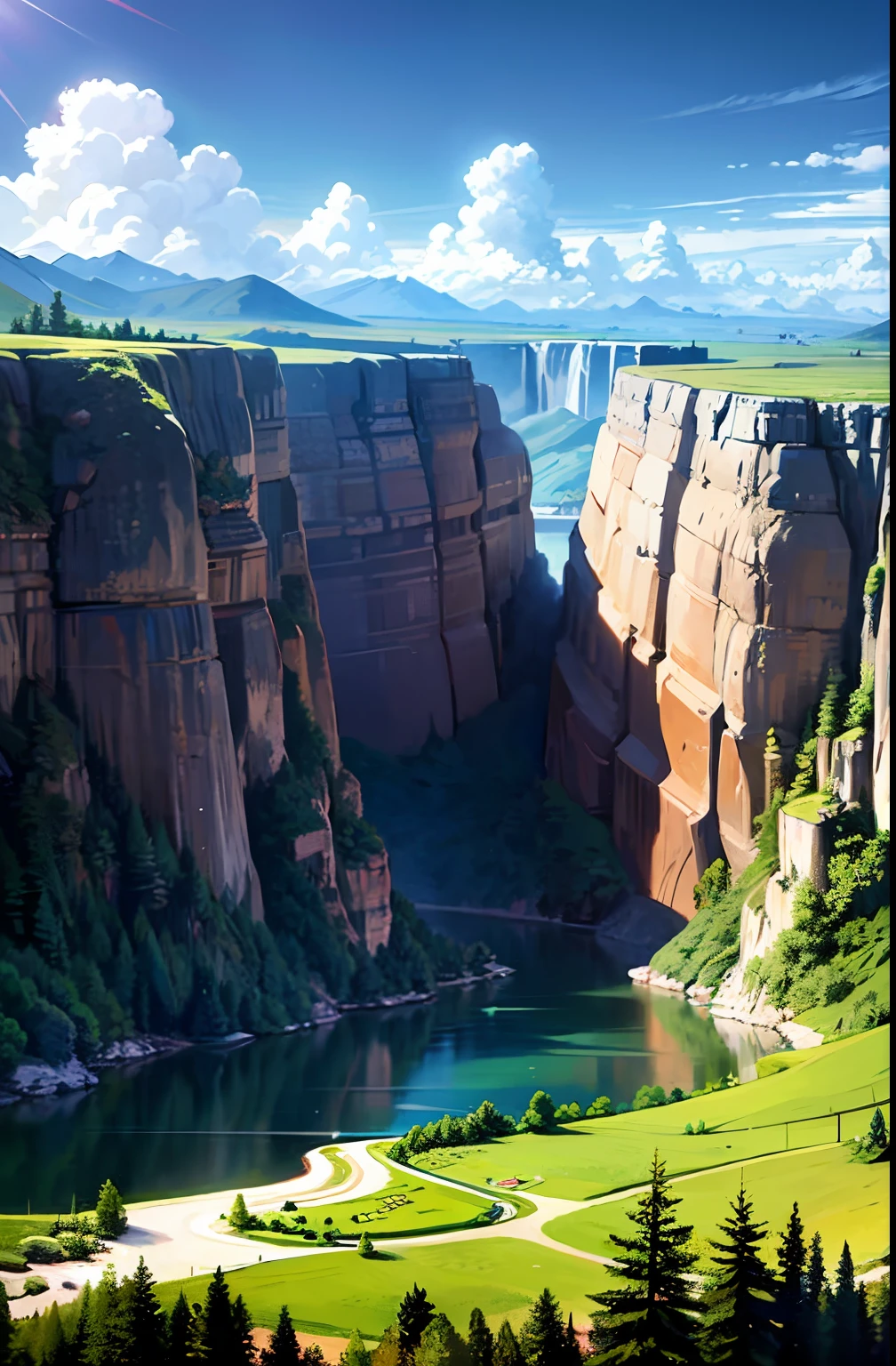 Masterpiece, ultimate quality, Cg unity 8k wallpaper, super delicate, beautiful sky and clouds, rich natural scenery, cliffs, lakes and rivers, waterfalls and flying water, beautiful green mountains, no trace of people, excellent scenery, has already won a photo contest, background Blurring, full depth of field, HDR high dynamics, true restoration, intricate, extreme details, dramatic presentation, perfectly presenting the style of midjourney art.