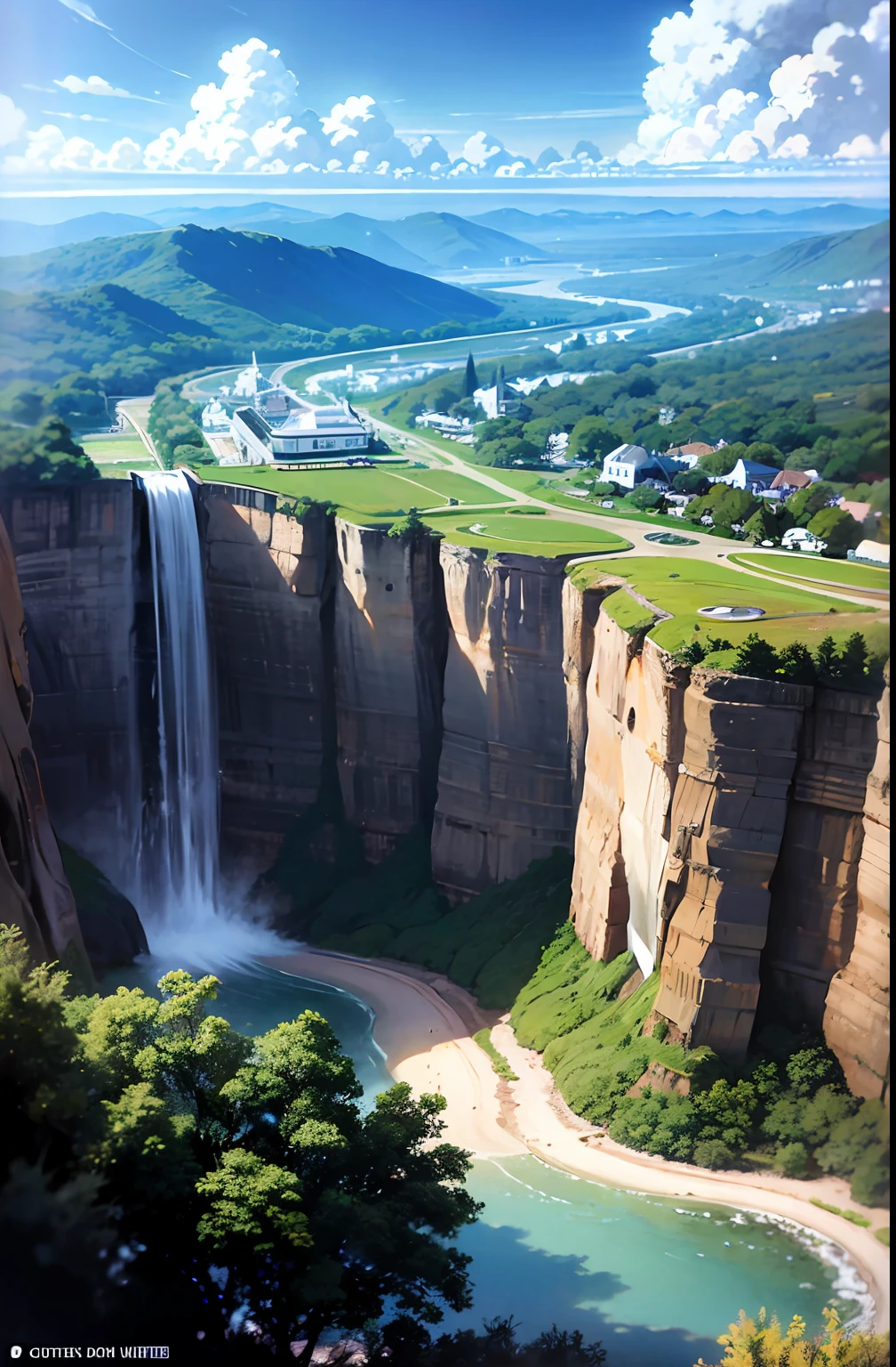 Masterpiece, ultimate quality, Cg unity 8k wallpaper, super delicate, beautiful sky and clouds, rich natural scenery, cliffs, lakes and rivers, waterfalls and flying water, beautiful green mountains, no trace of people, excellent scenery, has already won a photo contest, background Blurring, full depth of field, HDR high dynamics, true restoration, intricate, extreme details, dramatic presentation, perfectly presenting the style of midjourney art.