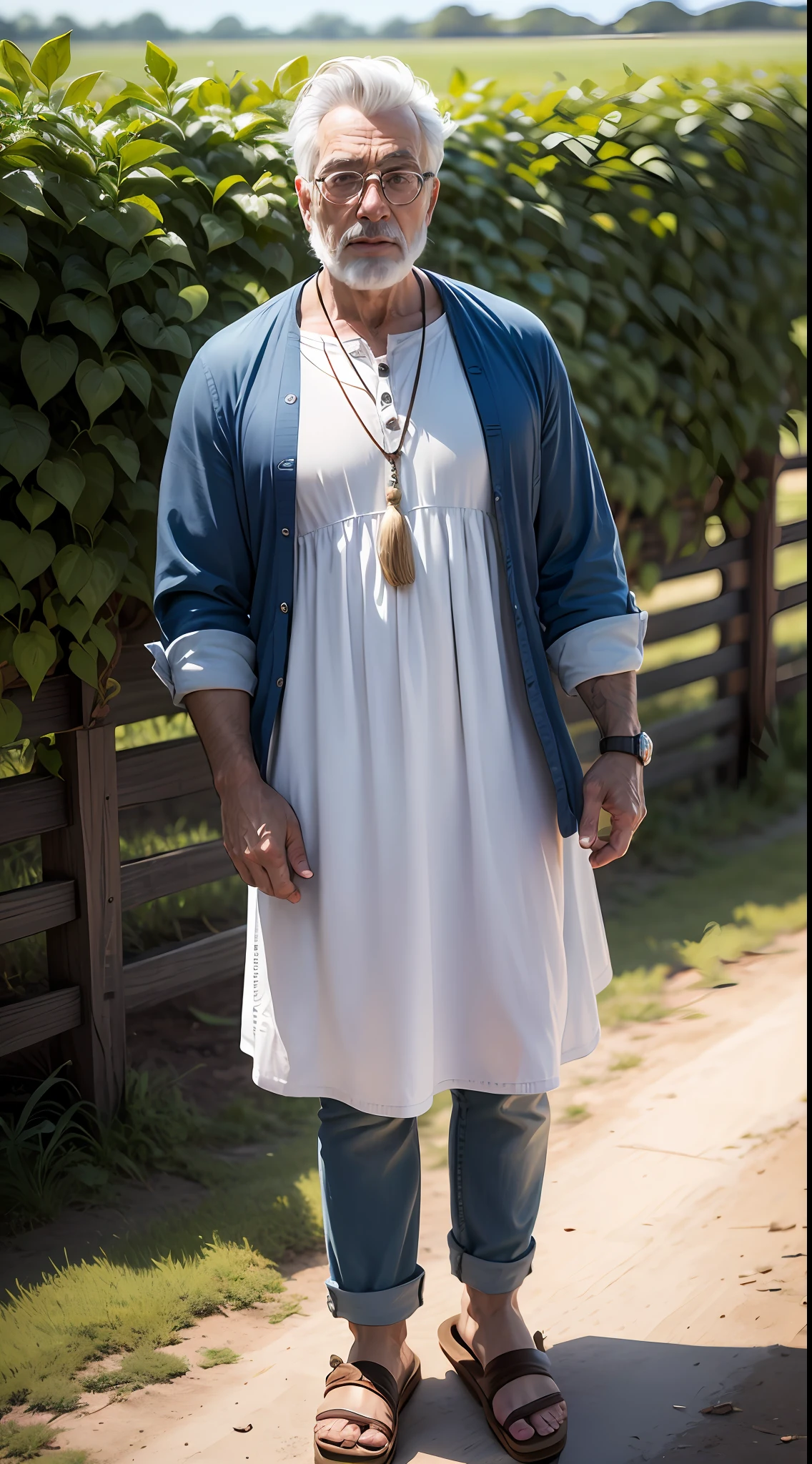 Um homem de Cinquenta anos, wearing a tunic, cabelo branco e barba branca, Sandals We Feet on a Farm, imagem alta realista, alta resolução,4k, obra-prima --auto